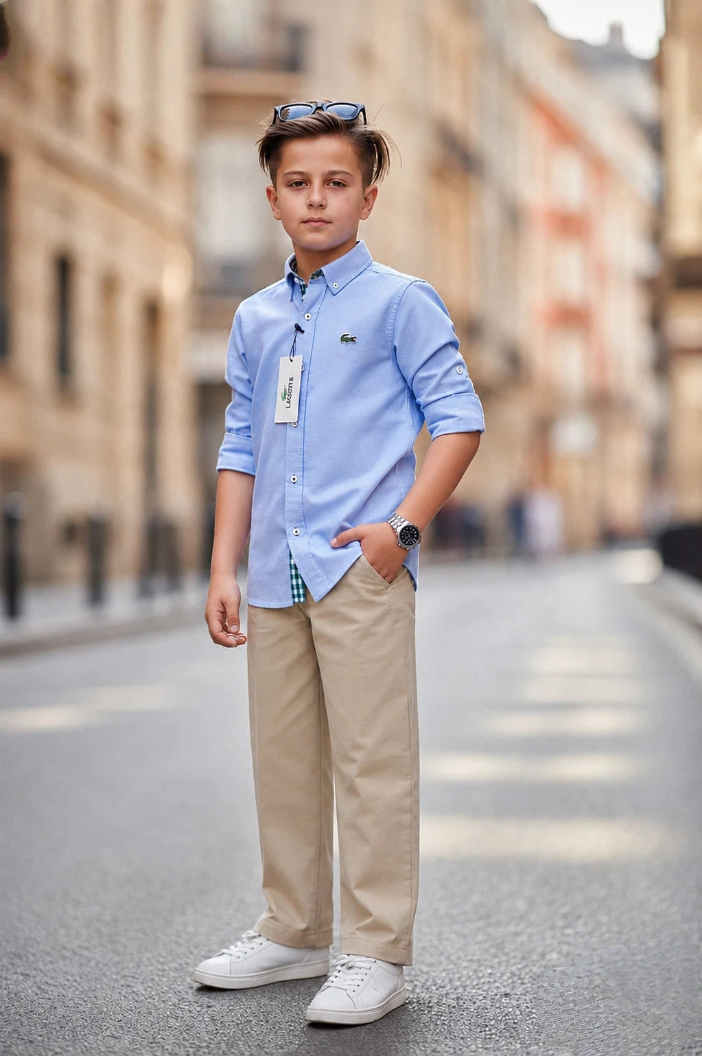 La Coste Boys Smart Casual Light Blue Shirt & Beige Pants Set- Kids Boys (3-12Y)