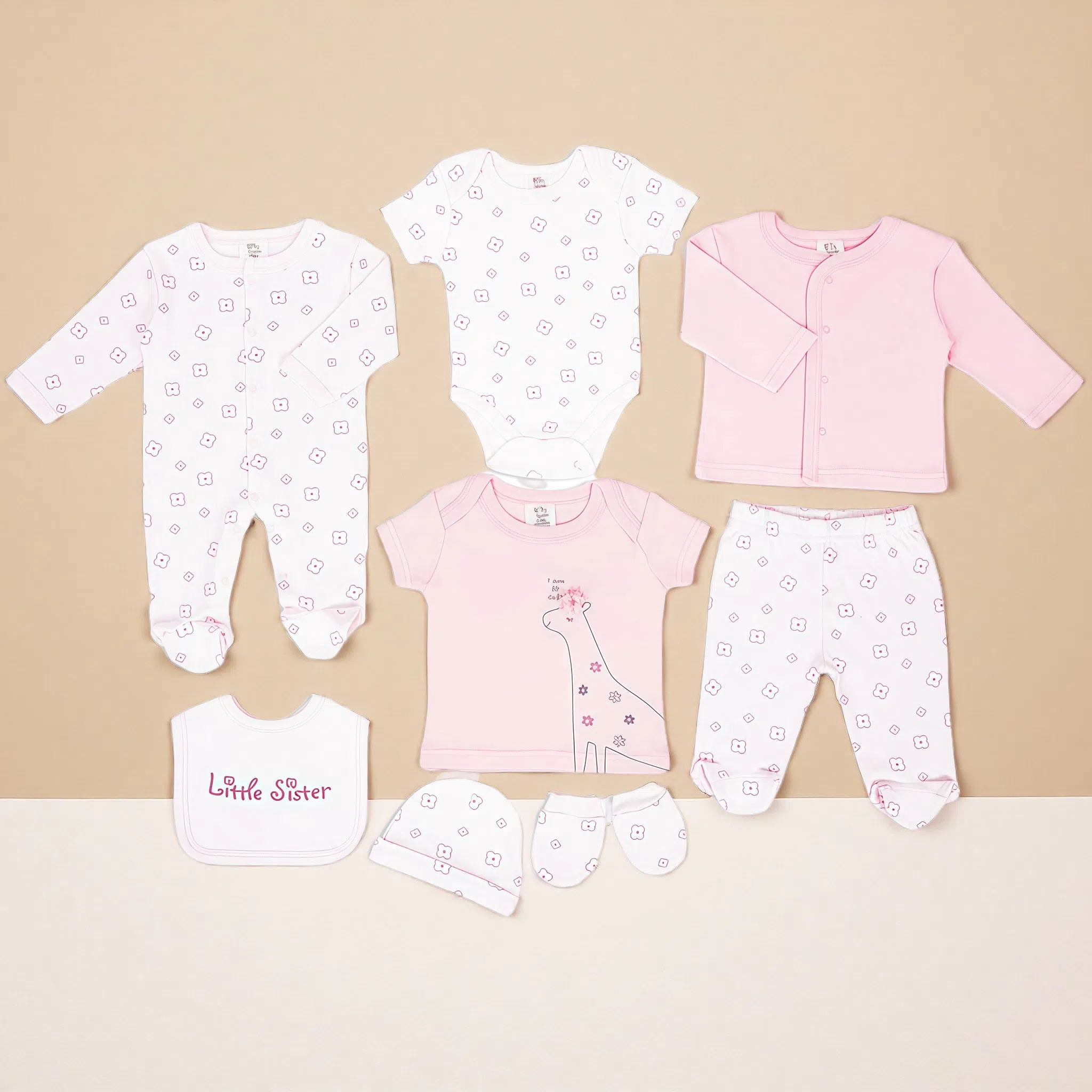 Newborn Baby Girl 8 Piece Cotton Set – Little Sister – (Newborn – 6 M)