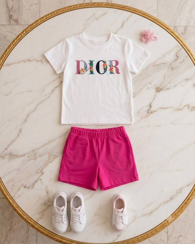 Dior Girls Floral Logo Tee and Shorts Set - Kids Girls (Age: 3-12Y)