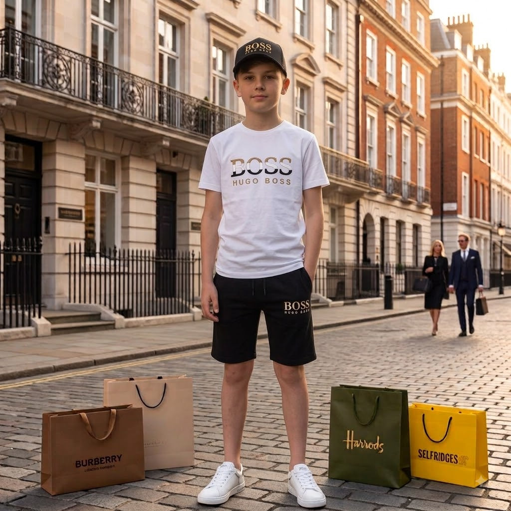 HUGO Boss Gold-Logo Tee Shorts and Cap White Summer Set –– Kids Boys (Ages 2 to 15)