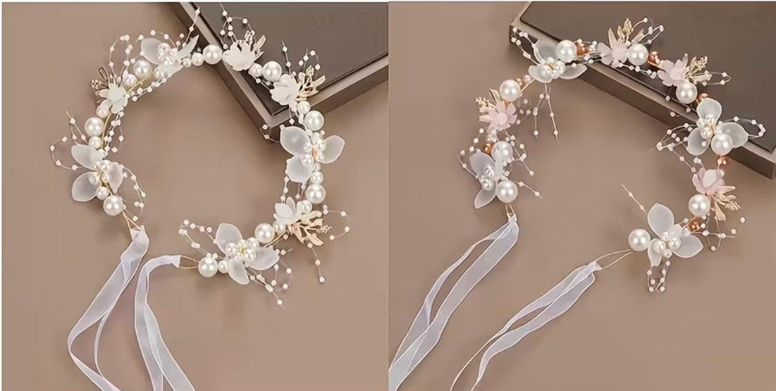 Floral Pearl Crown Headband (White & Pink) - Kids Girls