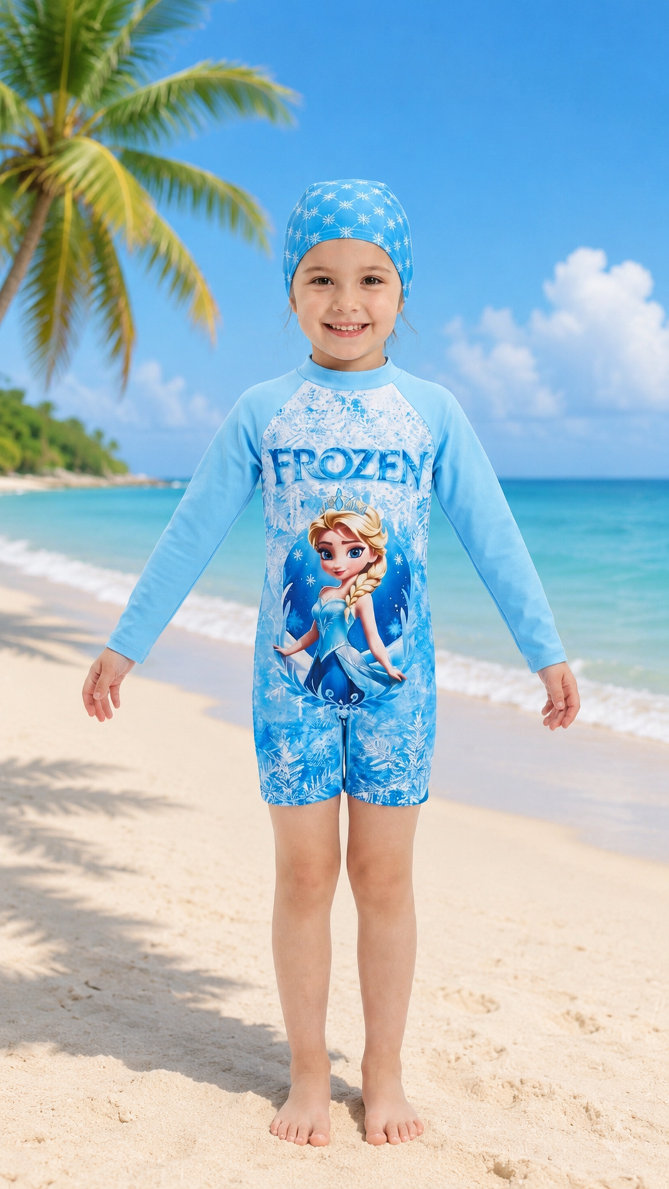 Disney Frozen Elsa Long-Sleeve Swimsuit Set- Kids Girls (Ages 4-12)