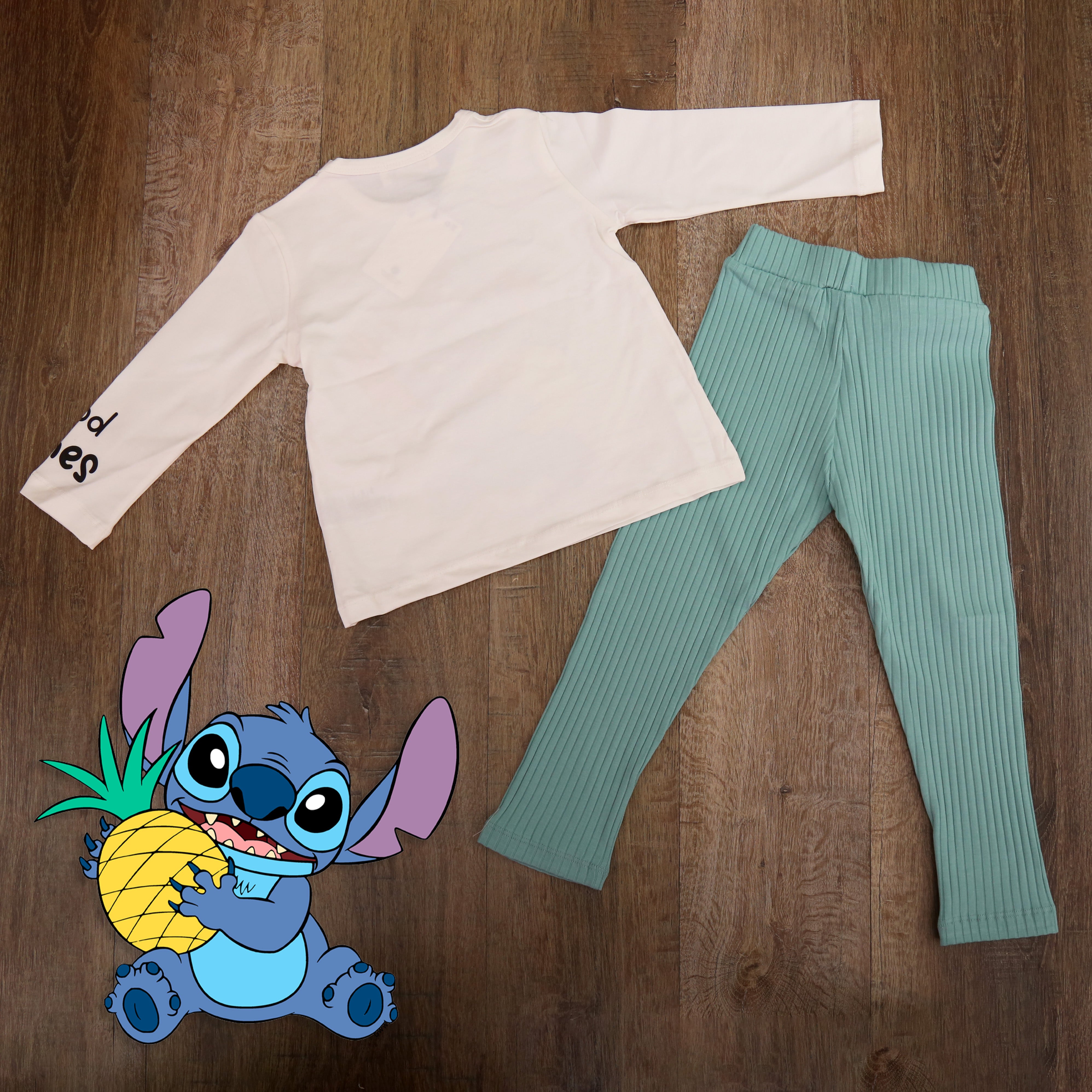 Pineaple Stitch  Cotton Green Top and Pants Sets - Kids Girls (2Pcs)