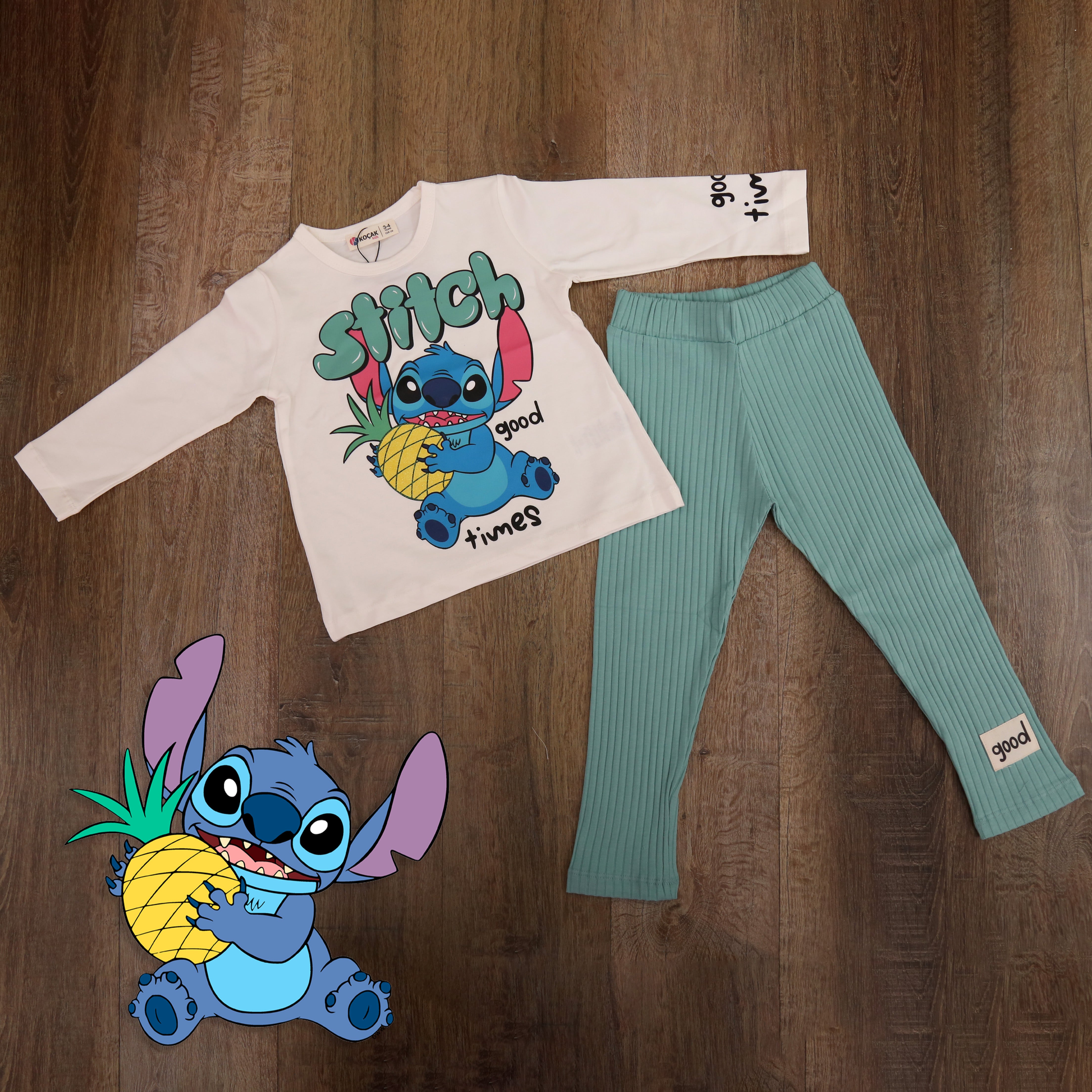 Pineaple Stitch  Cotton Green Top and Pants Sets - Kids Girls (2Pcs)