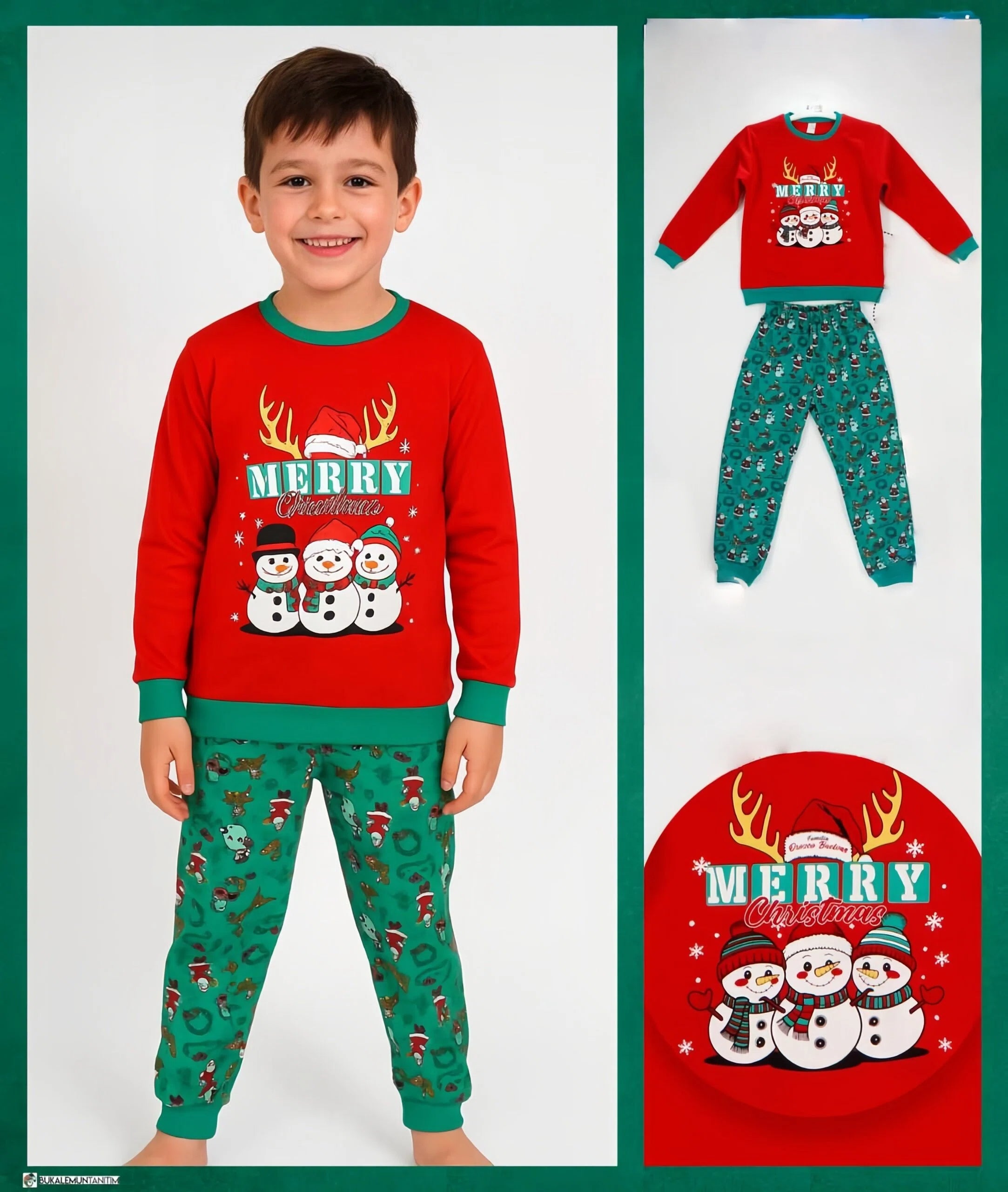 Christmas Kids Red and Green Set with Snowman and Reindeer - Kids Boys /Girls (5-8Y)