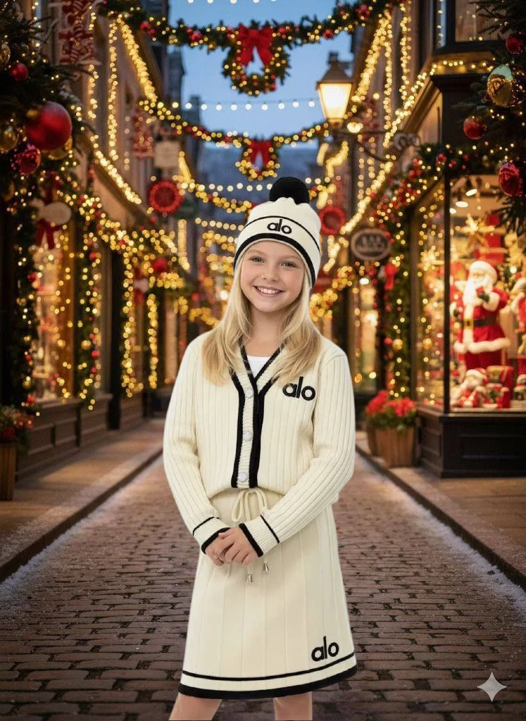 Alo Girls’ Premium Beige Knitted Cardigan, Skirt and Hat Set - Kids Girls (3-12Y)
