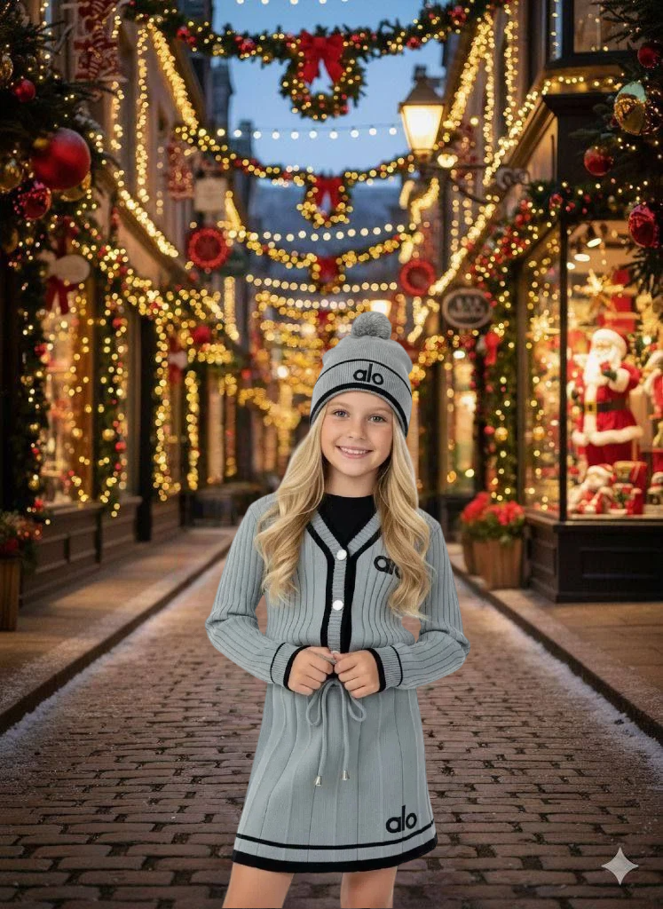 Alo Girls’ Premium Grey Knitted Cardigan, Skirt and Hat Set - Kids Girls (3-12Y)