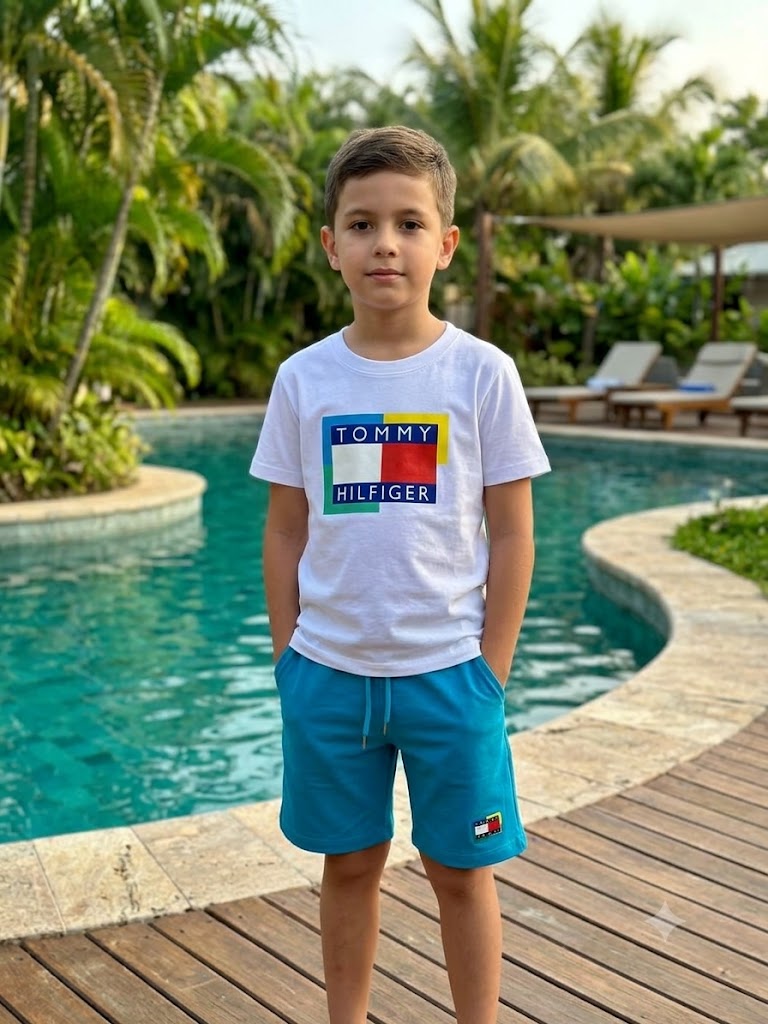 TOMMY Kids Classic Color block Tee and Blue Shorts Set –– Kids Boys (Ages 3 to 12)