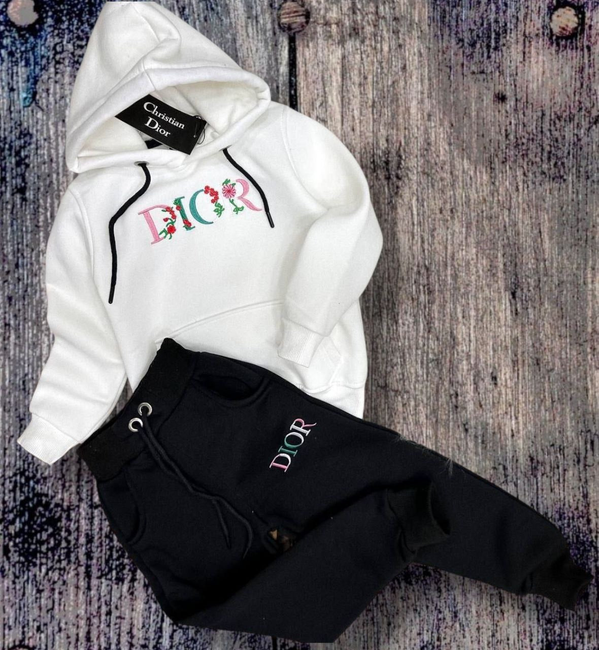 Dior-Inspired Hoodie and Joggers Tracksuit Set (Fleece Inside) - Kids/Teens Girls (2PCs)