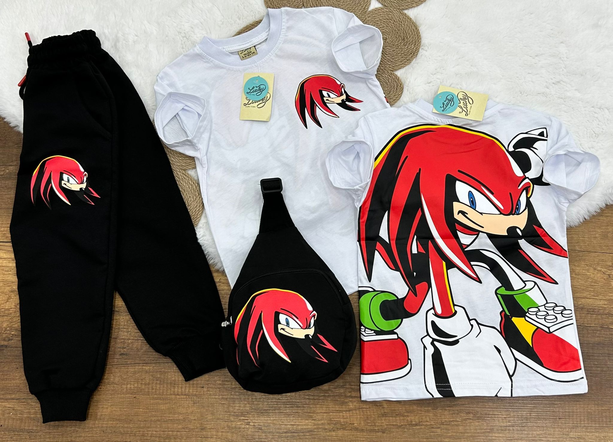 Sonic Hedgehog Outfit Set (White): T-Shirt, Joggers & Crossbody Bag - Kids Boys (3PCs)