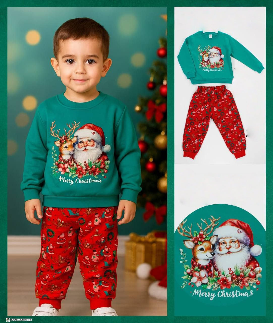 Christmas Kids Green Set with Santa & Reindeer Design - Kids (1-4Y)