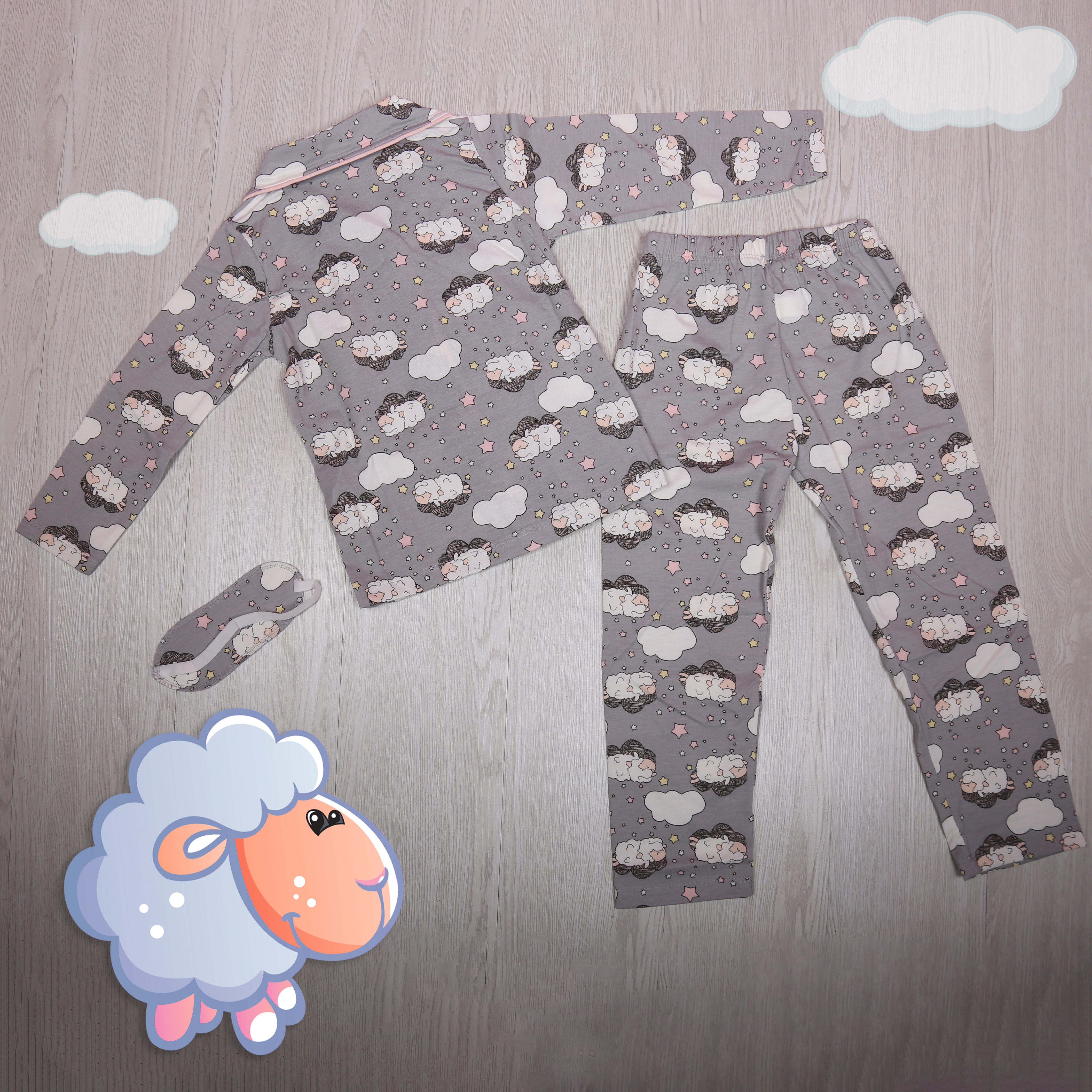 Long Sleeve Grey Sheep and Cloud Pajama - Kids Girls.