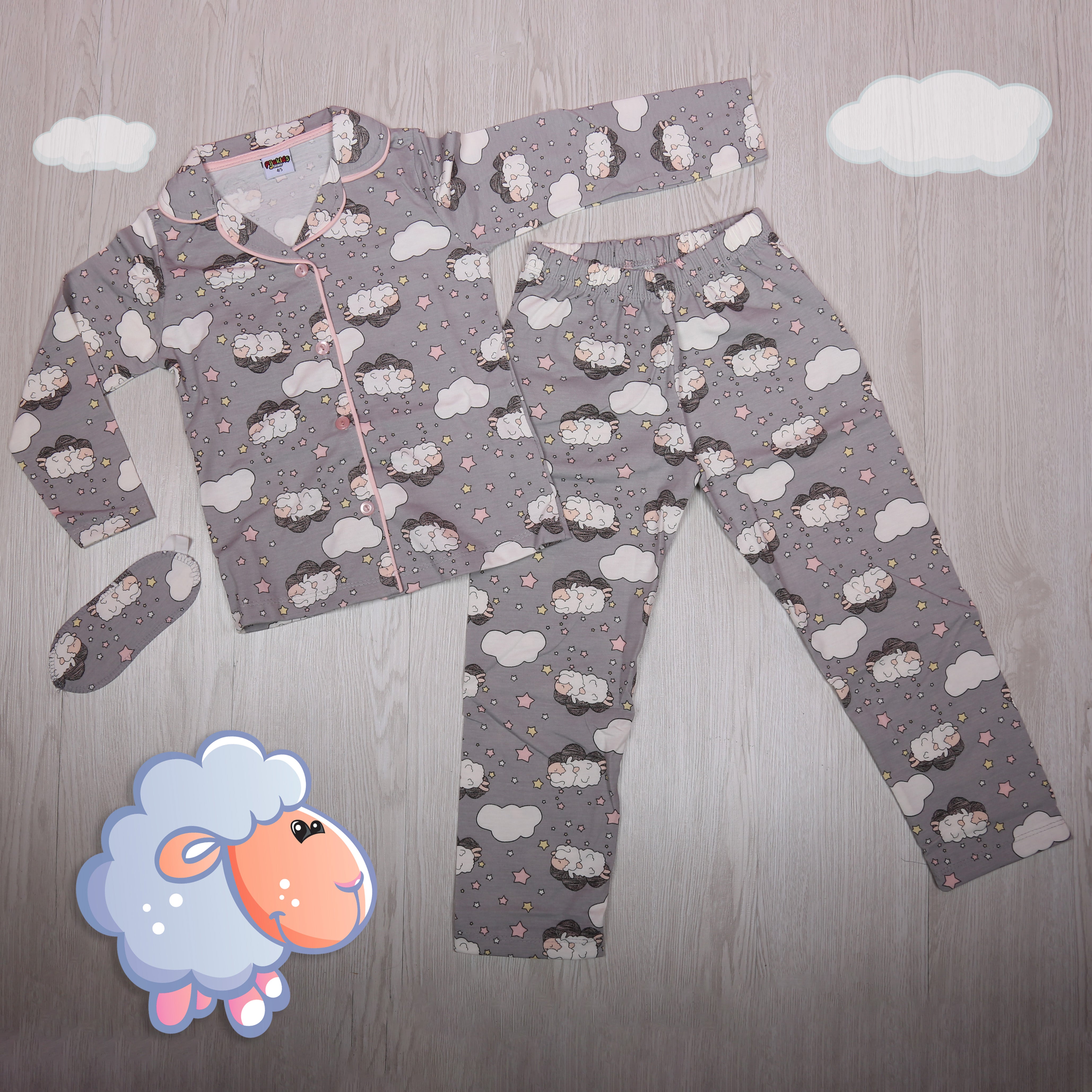 Long Sleeve Grey Sheep and Cloud Pajama - Kids Girls.