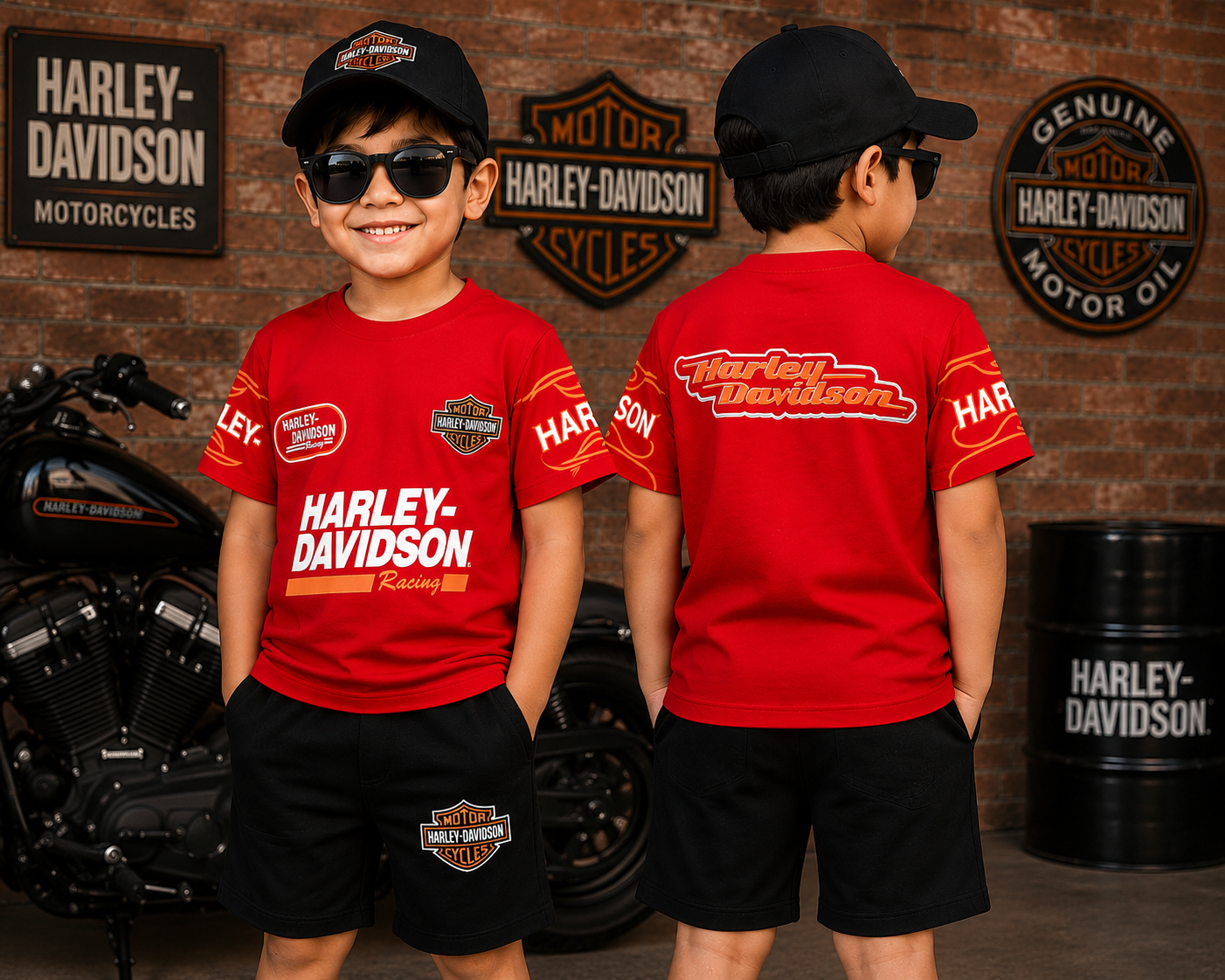 Harley Davidson Boys Racing Graphic Red Tee and Shorts Set - Kids Boys/Teens (Age 2-16)