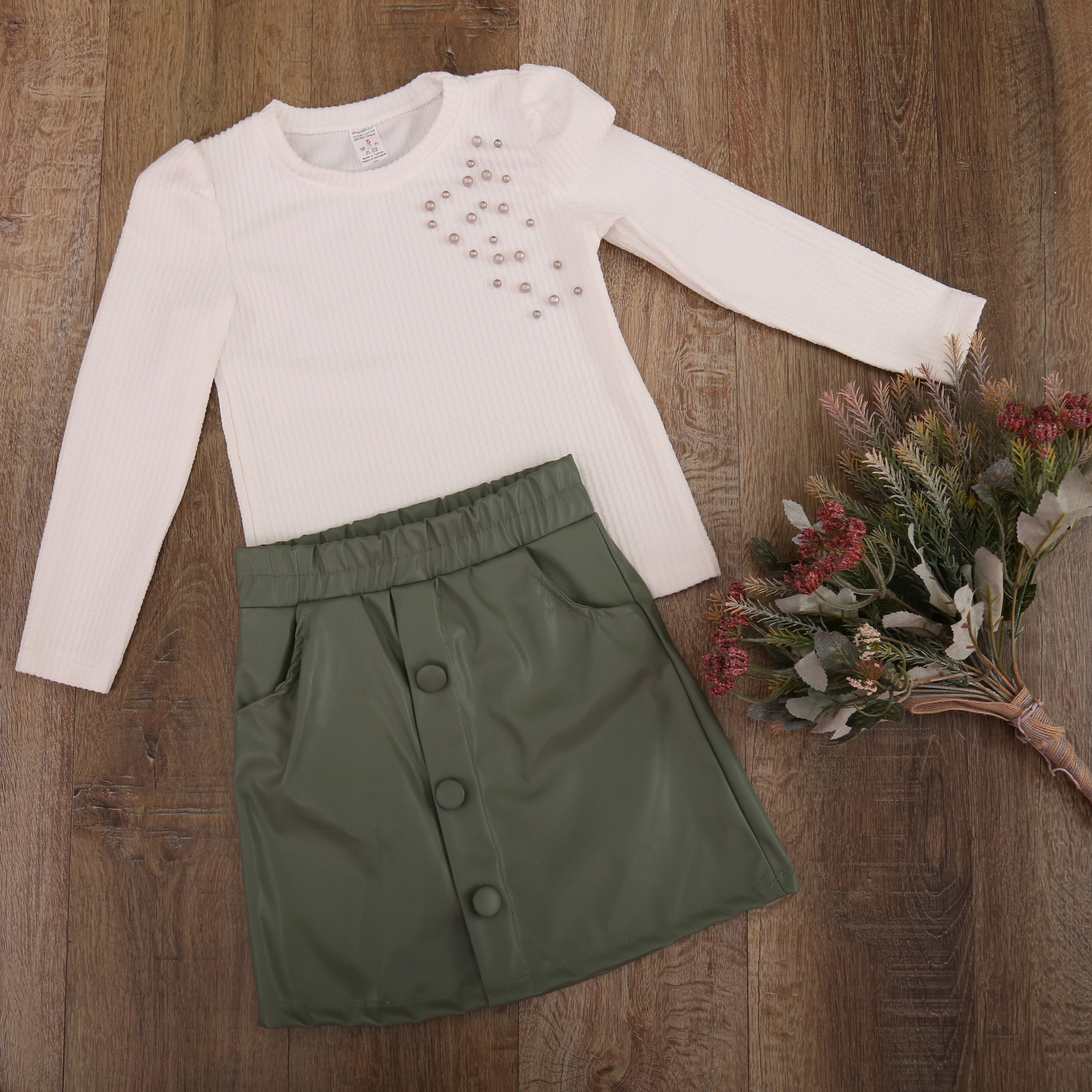 Chic Pearl Top & Leather Skirt Set Green - Kids Girls (2PCs)