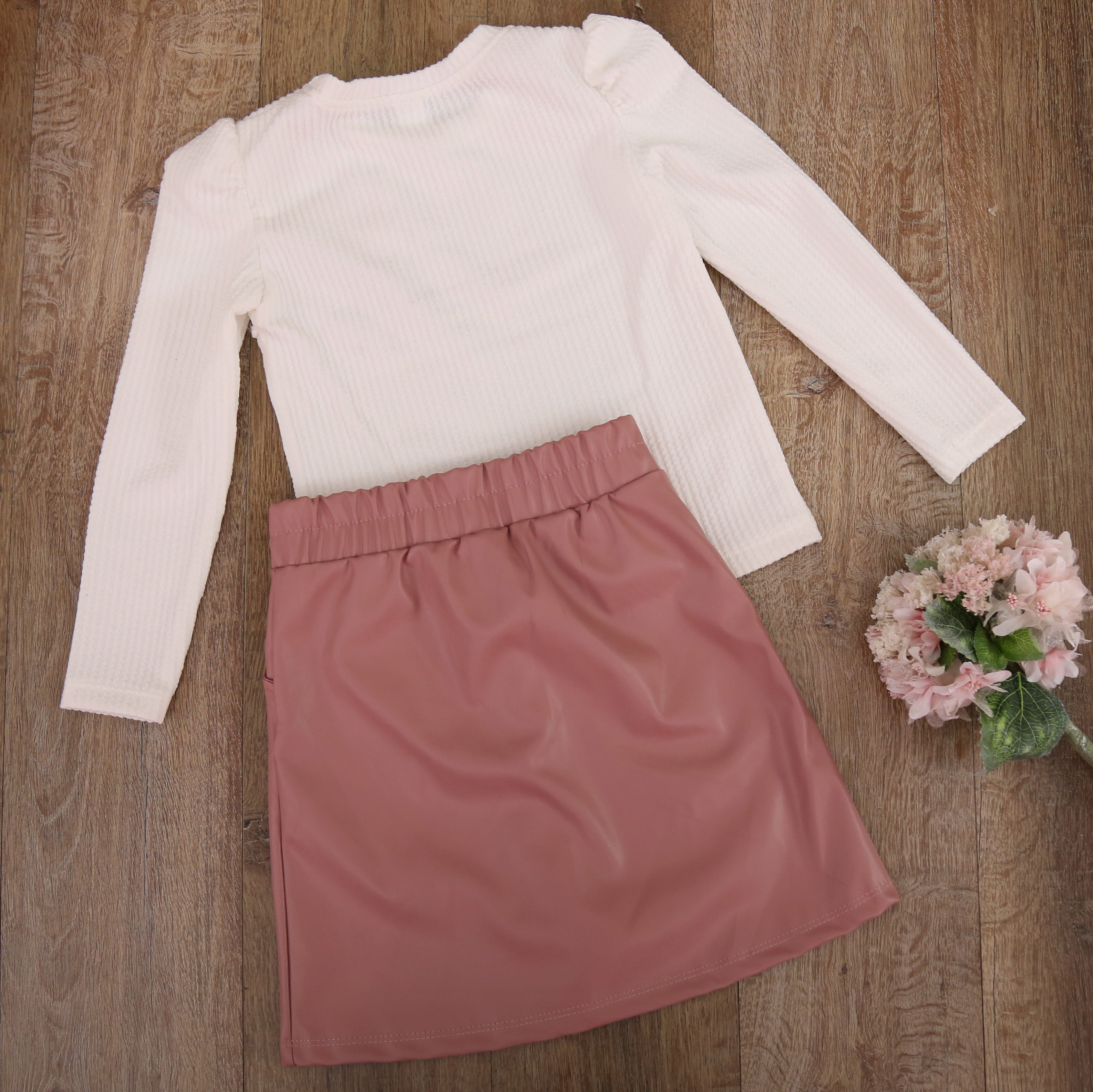 Chic Pearl Top & Leather Skirt Set (Brown) - Kids Girls (2PCs)