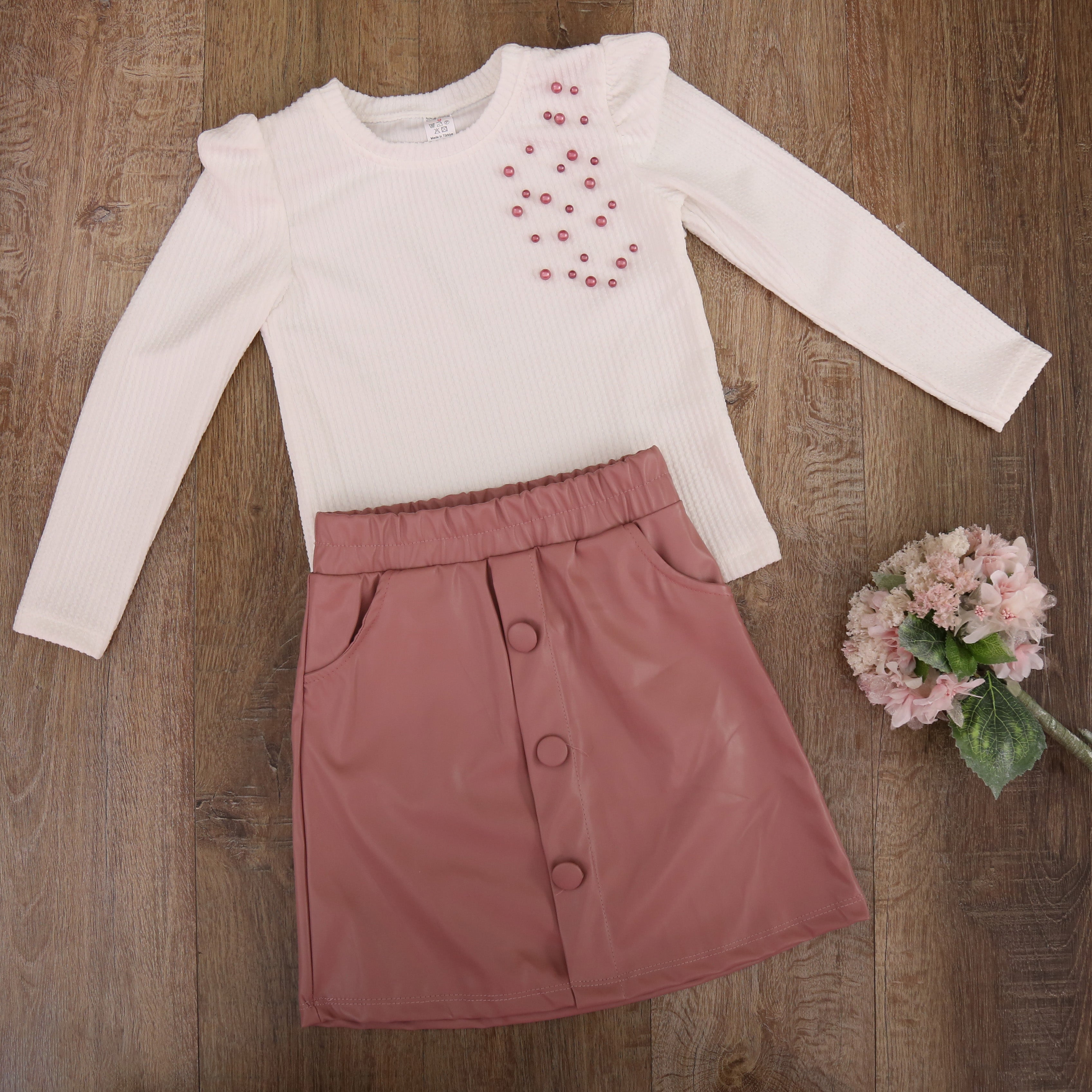 Chic Pearl Top & Leather Skirt Set (Brown) - Kids Girls (2PCs)