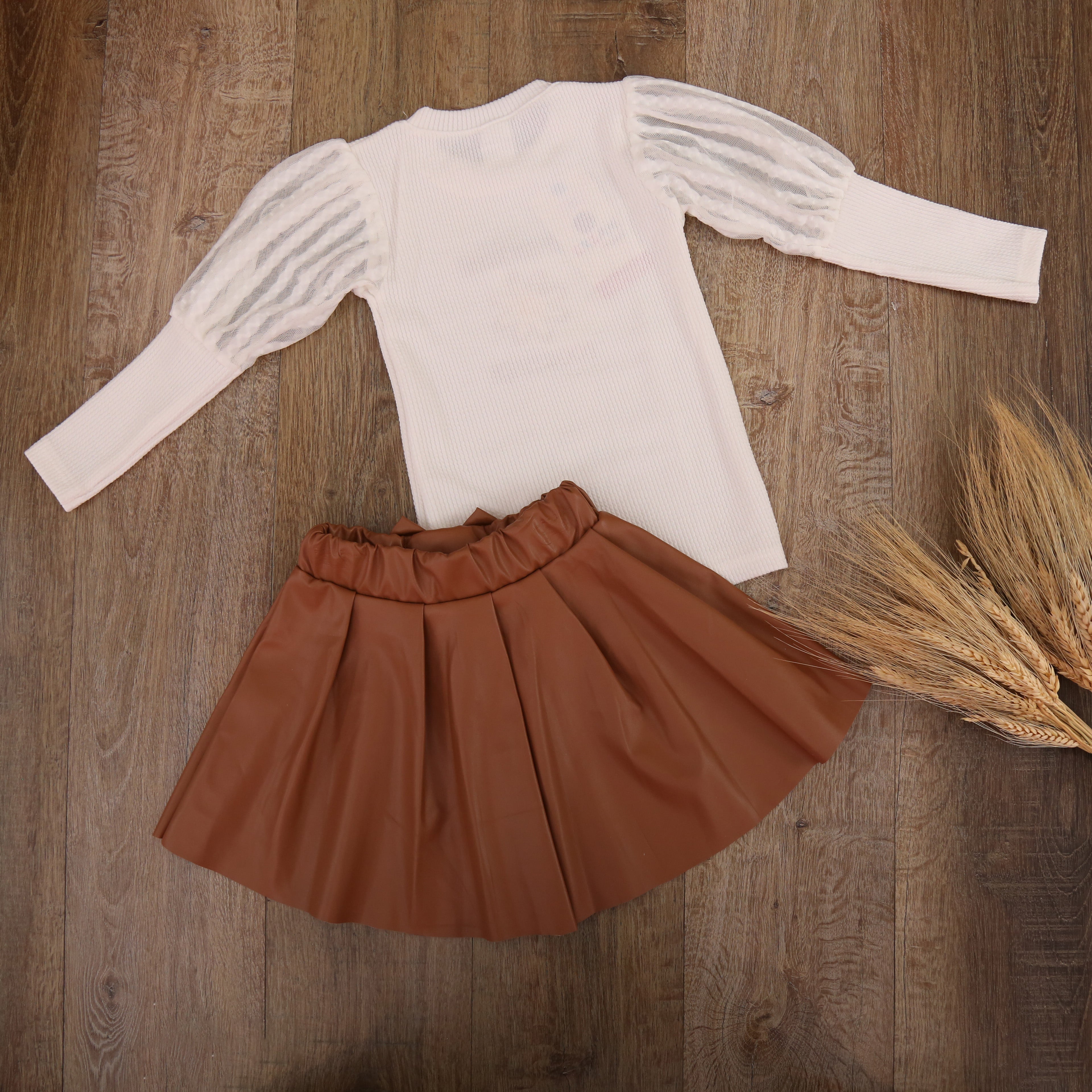 Chic Puff-Sleeve Top & Leather Skirt Set (Brown) - Kids Girls (2PCs)