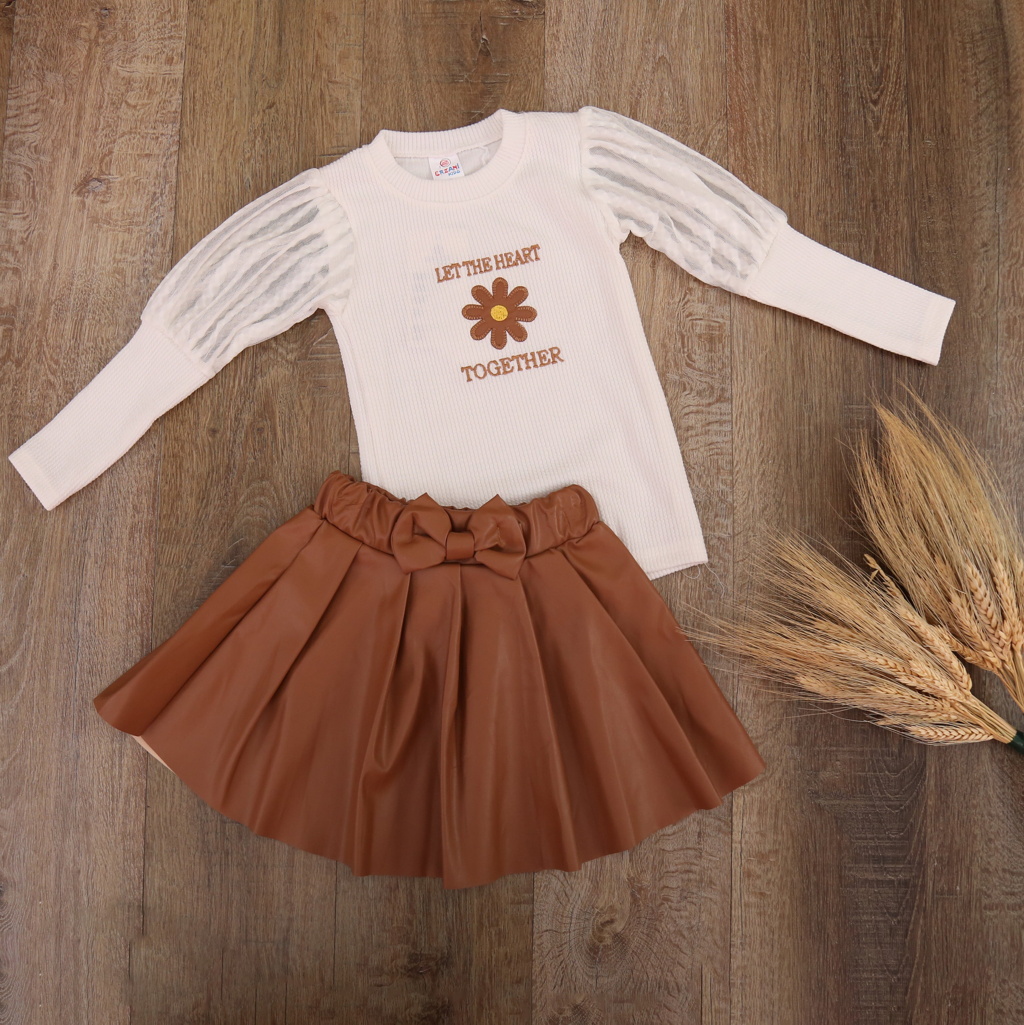 Chic Puff-Sleeve Top & Leather Skirt Set (Brown) - Kids Girls (2PCs)