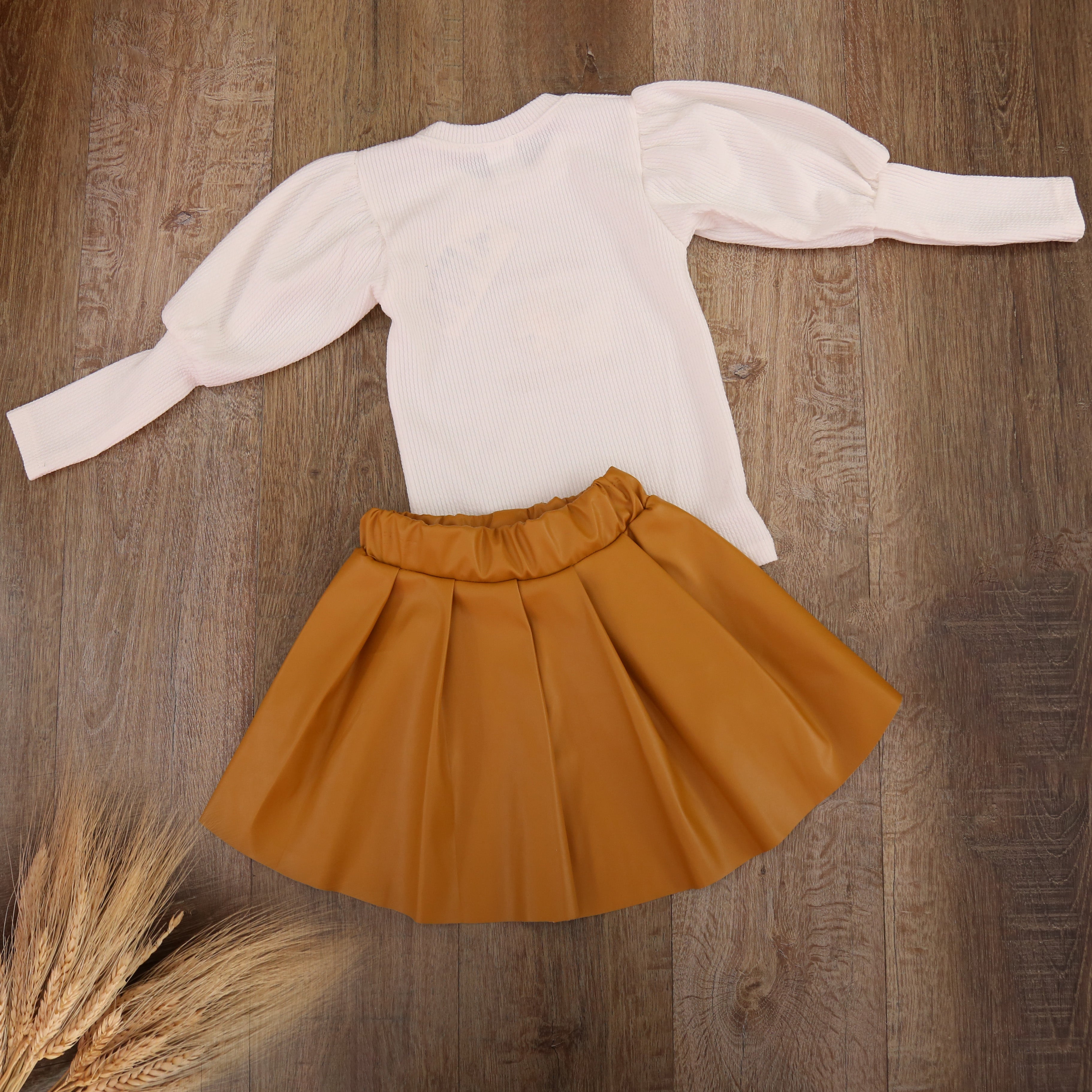 Chic Puff-Sleeve Top &  Leather Skirt Set (Mustard) - Kids Girls (2PCs)