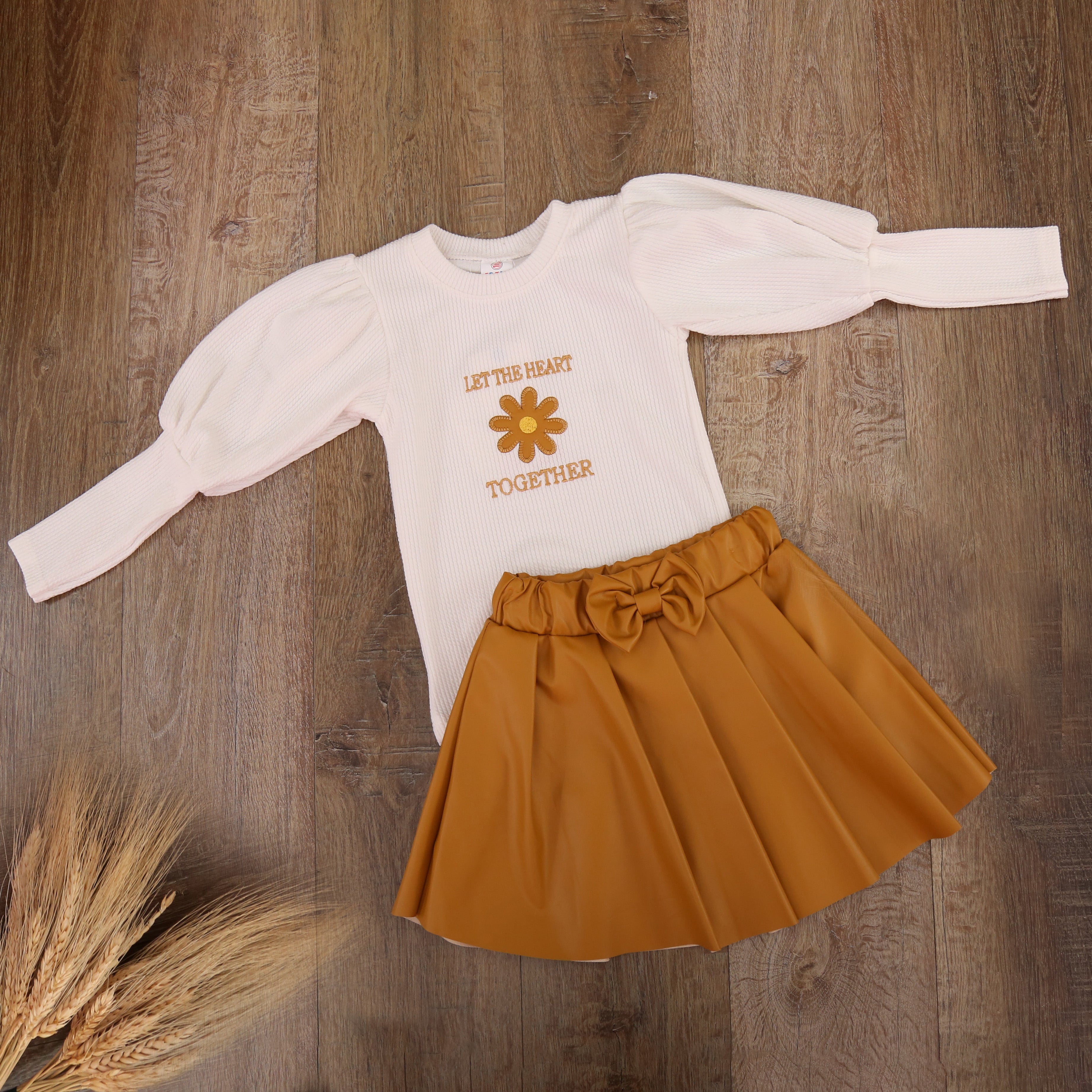 Chic Puff-Sleeve Top &  Leather Skirt Set (Mustard) - Kids Girls (2PCs)
