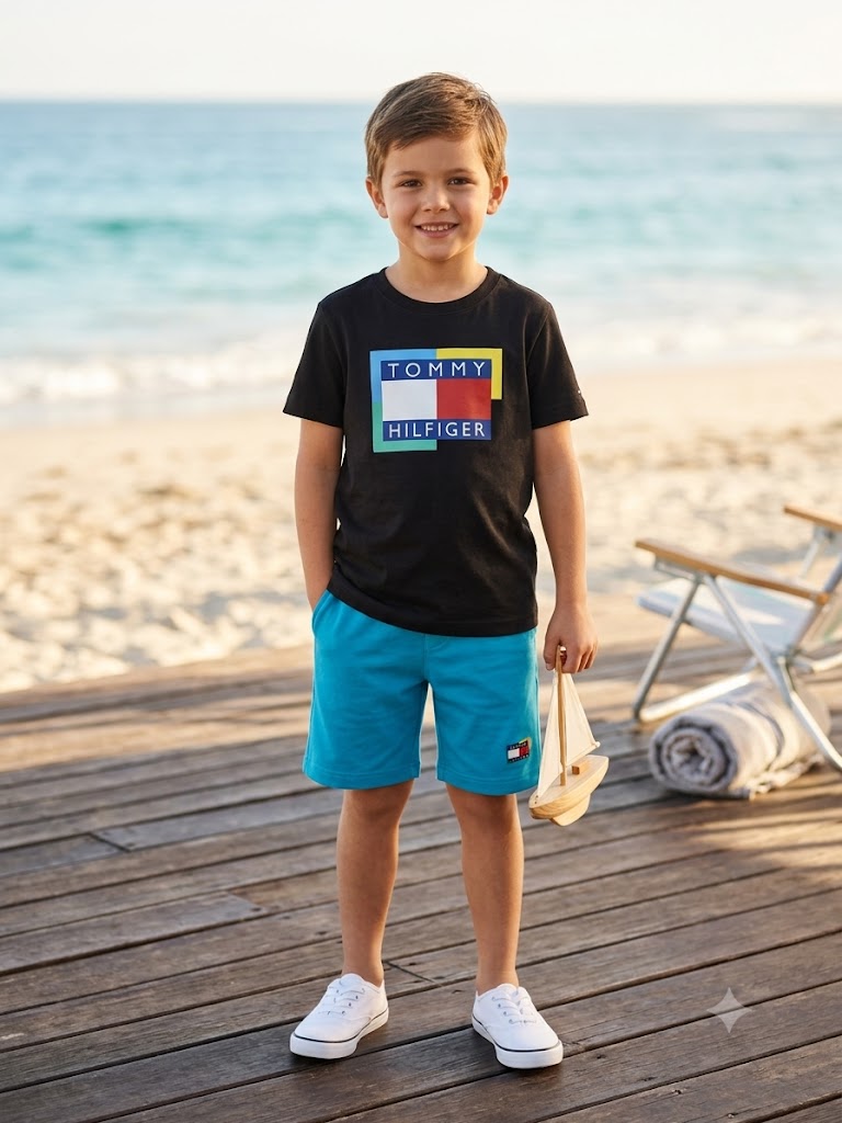 TOMMY Kids Classic Color block Tee and light Blue Shorts Set –– Kids Boys (Ages 3 to 12)