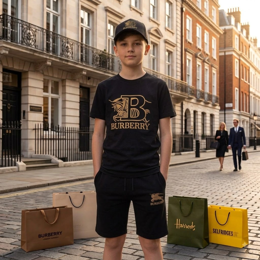 Burberry Gold-Monogram Tee and Shorts Black Summer Set –– Kids Boys (Ages 2 to 15)