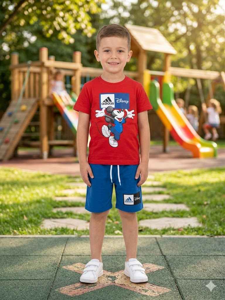 ADIDAS Mickey Mouse Red Tee and Blue Shorts Summer Set – Kids Boys (Ages 3 to 10)
