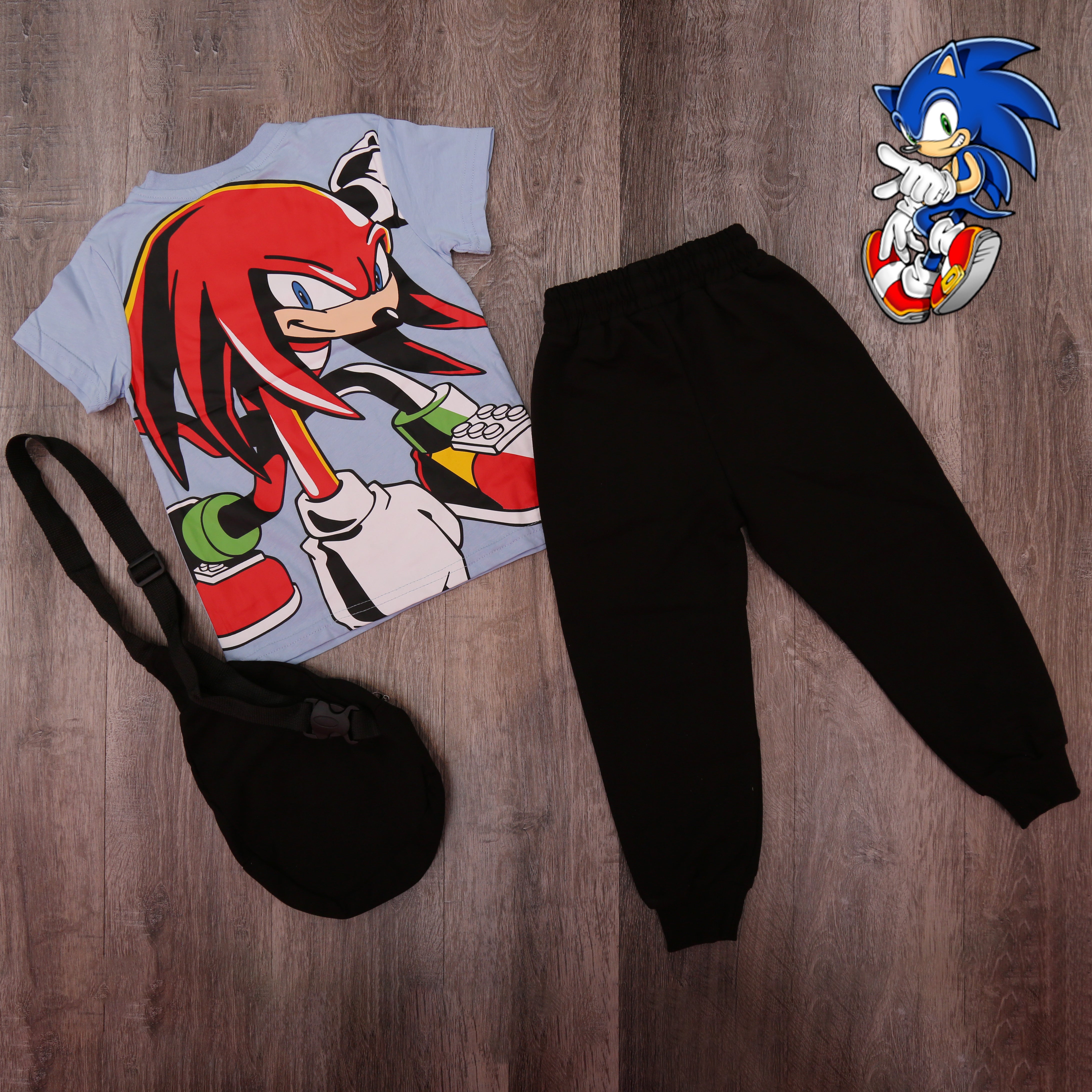 Sonic Hedgehog Outfit Set (Blue): T-Shirt, Joggers & Crossbody Bag - Kids Boys (3PCs)