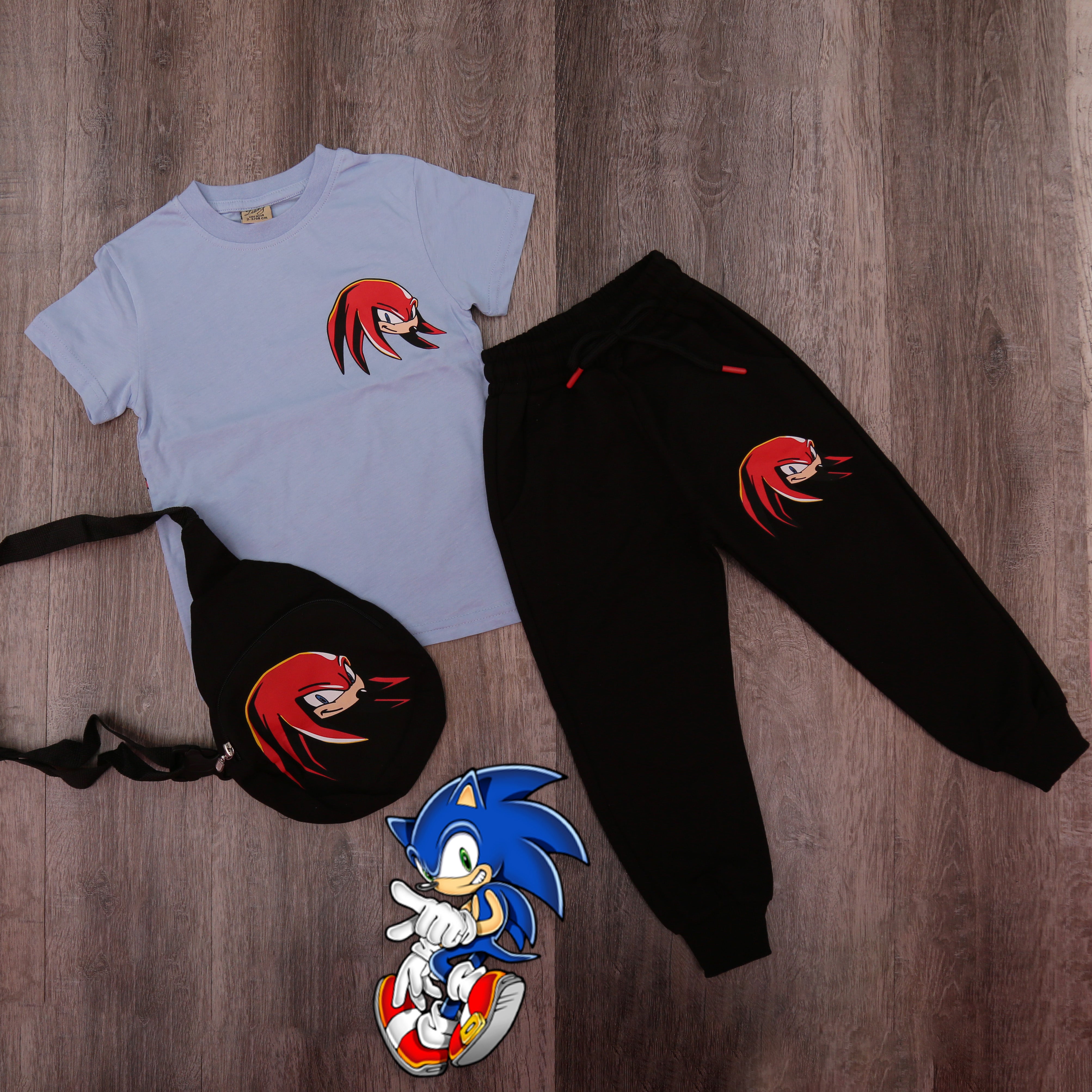 Sonic Hedgehog Outfit Set (Blue): T-Shirt, Joggers & Crossbody Bag - Kids Boys (3PCs)