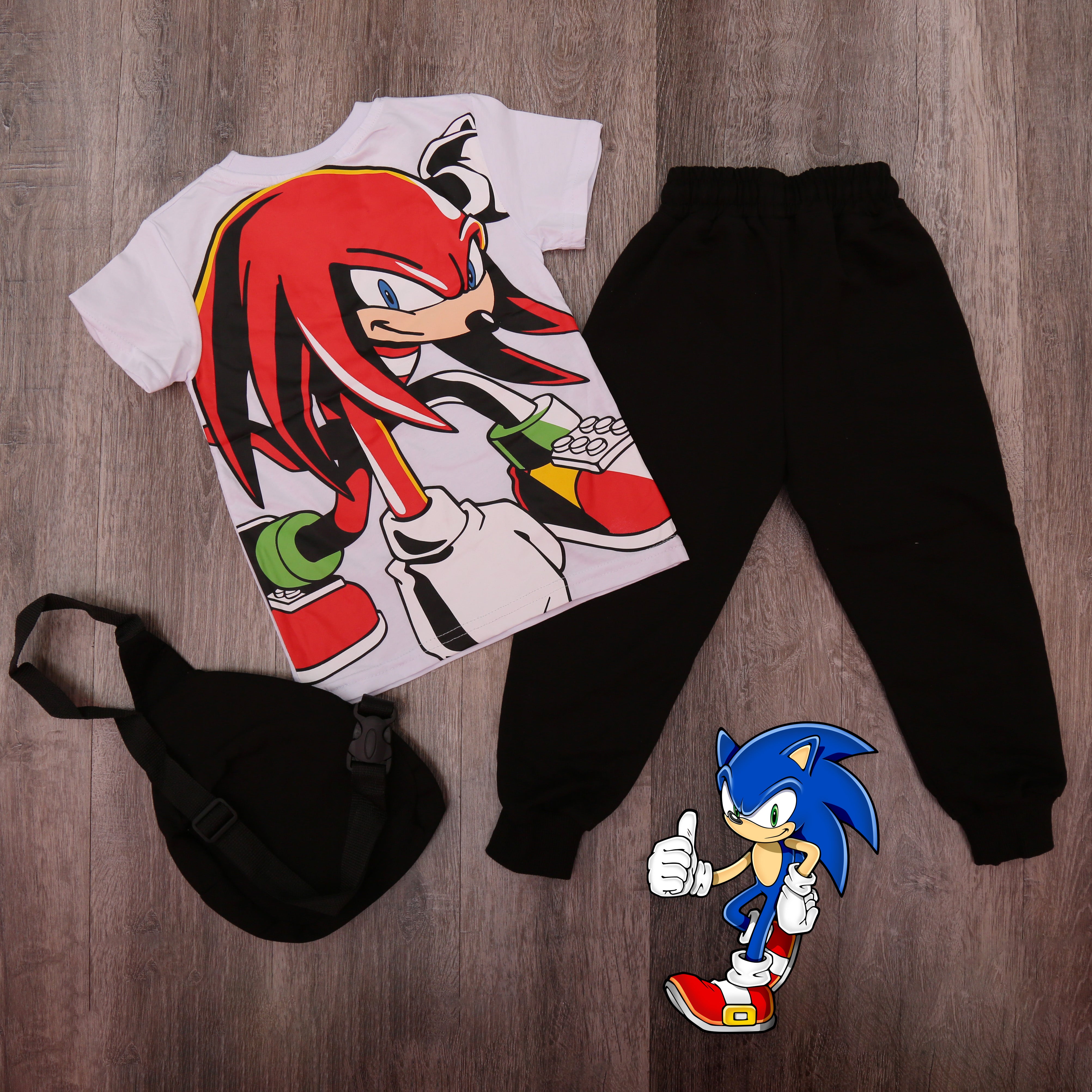 Sonic Hedgehog Outfit Set (White): T-Shirt, Joggers & Crossbody Bag - Kids Boys (3PCs)