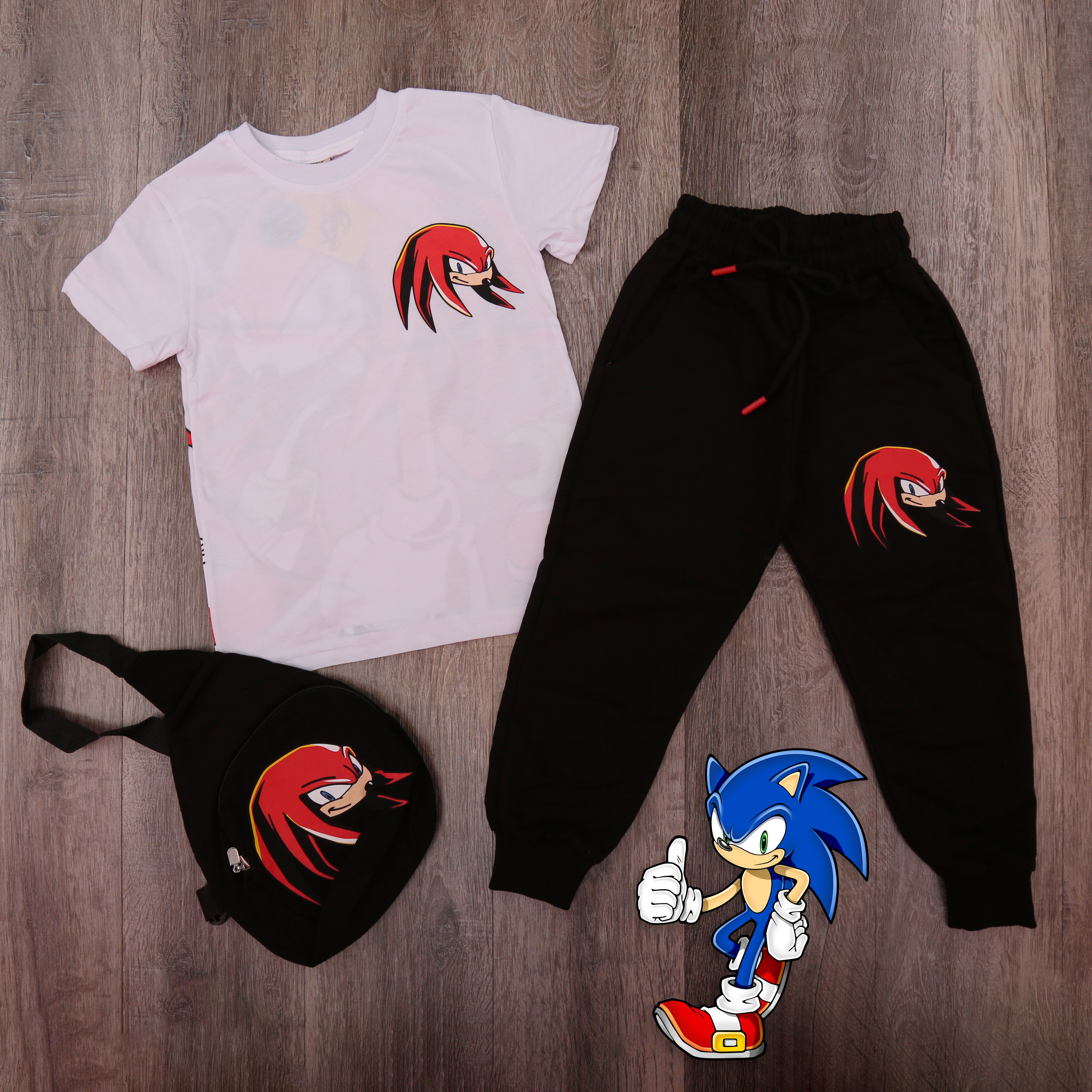 Sonic Hedgehog Outfit Set (White): T-Shirt, Joggers & Crossbody Bag - Kids Boys (3PCs)