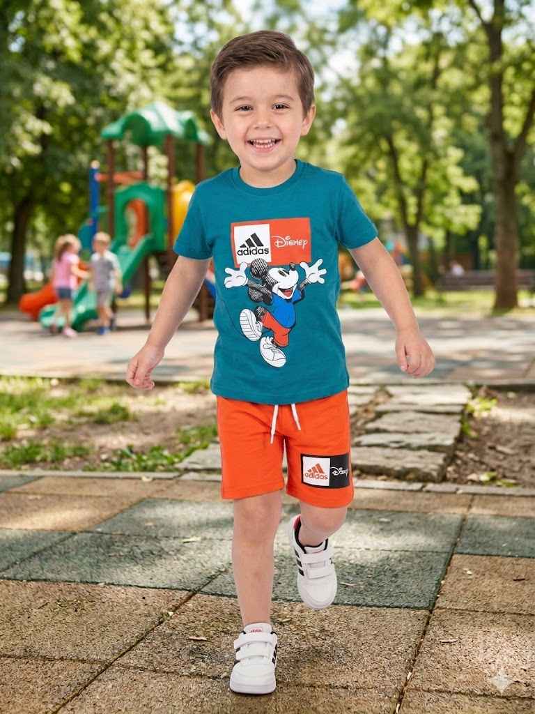 ADIDAS Mickey Mouse Green Tee and Orange Shorts Summer Set – Kids Boys (Ages 3 to 10)