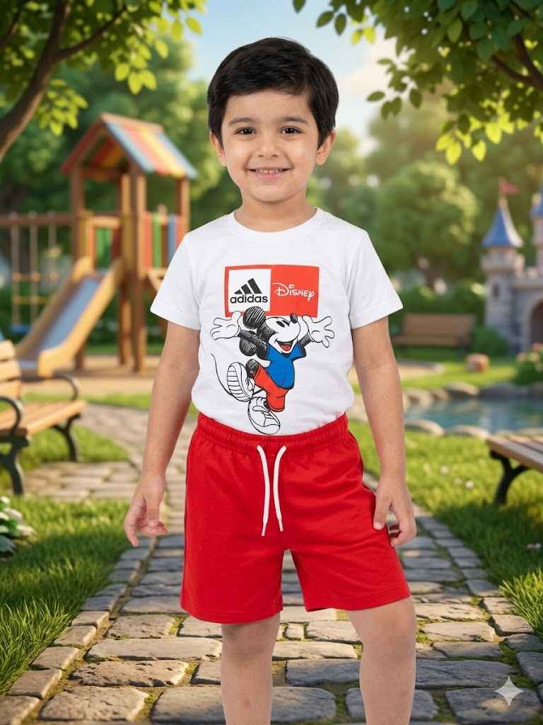 ADIDAS Mickey Mouse White Tee and Red Shorts Summer Set – Kids Boys (Ages 3 to 10)