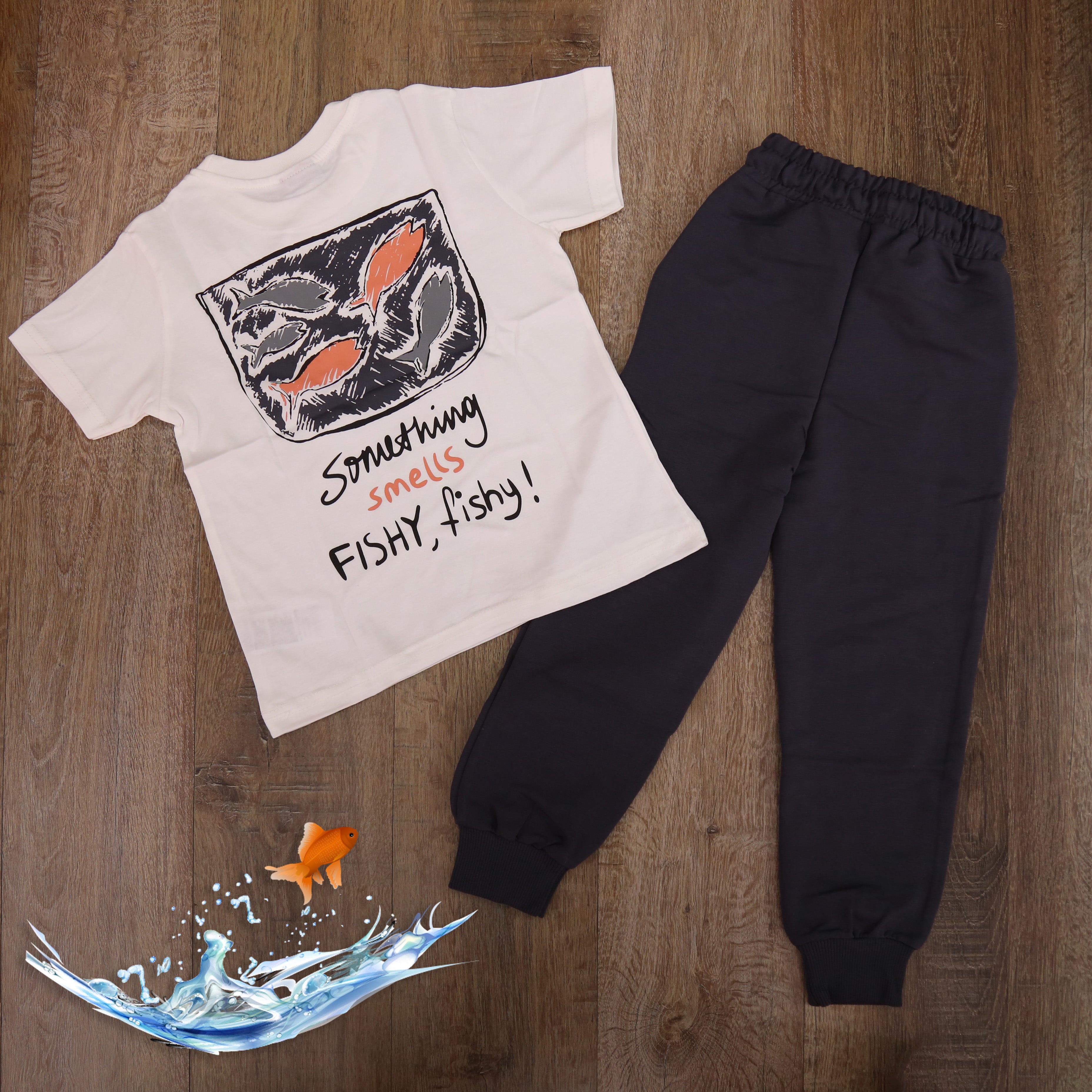 "Something Smells Fishy" Kids' Outfit Set (Black) - Kids Boys (2PCs)