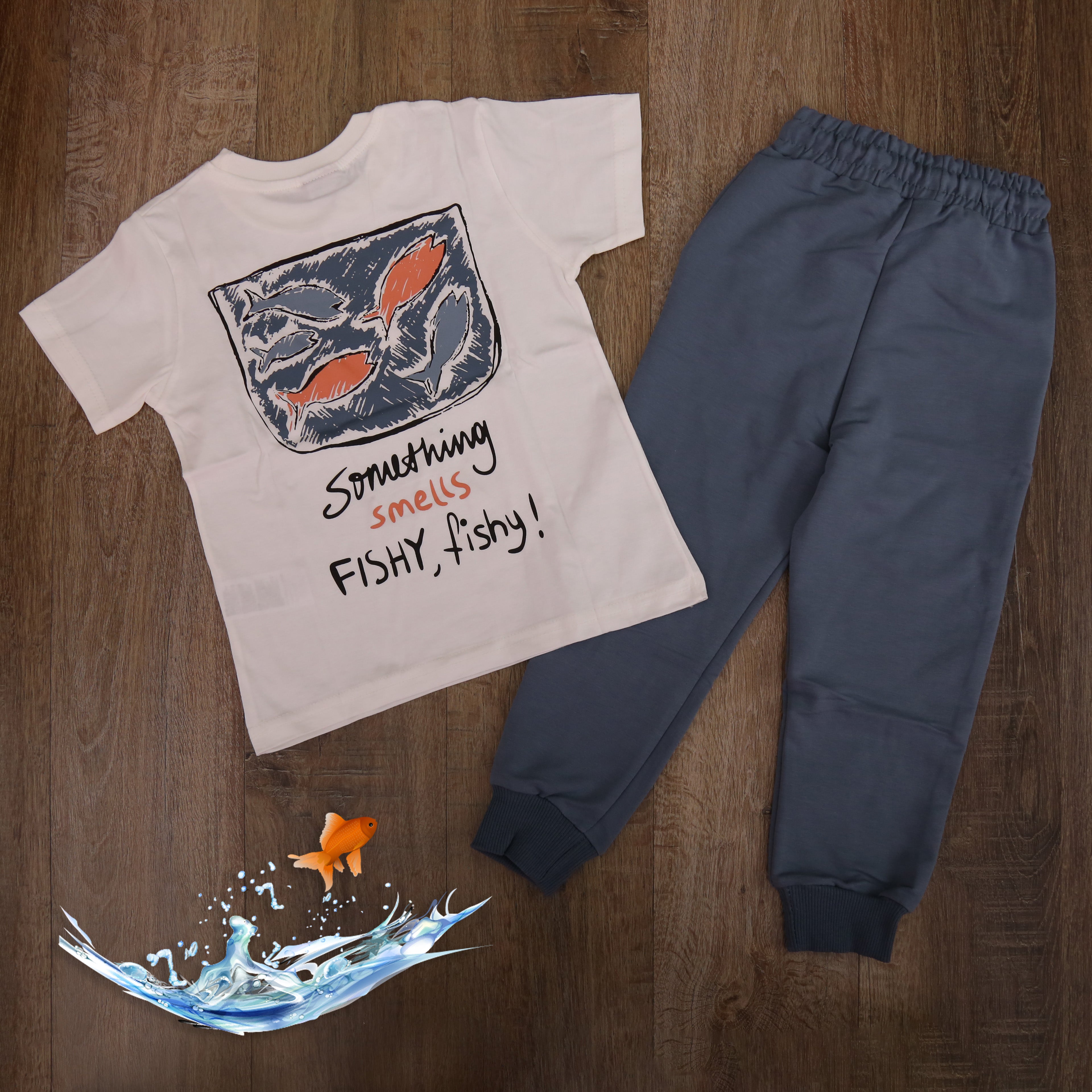 "Something Smells Fishy" Kids' Outfit Set (Grey)- Kids Boys (2PCs)
