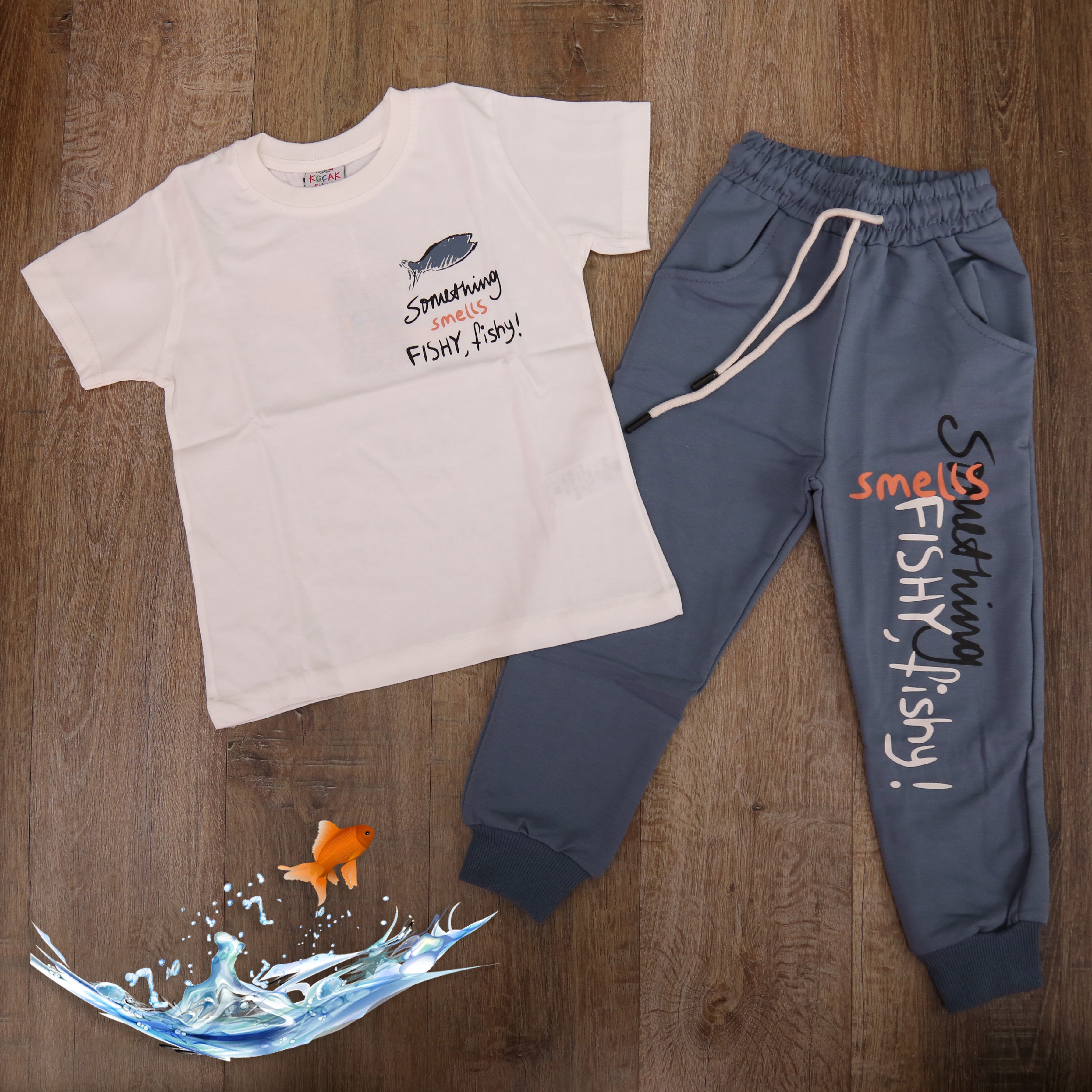 "Something Smells Fishy" Kids' Outfit Set (Grey)- Kids Boys (2PCs)