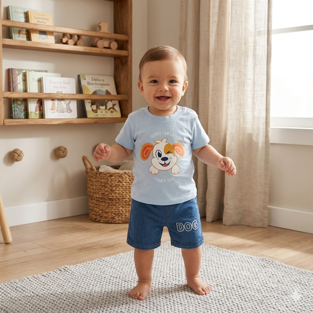 Sorry I'm Late Denim Dog Summer Set - Blue - Baby Boys (3 to 18M)