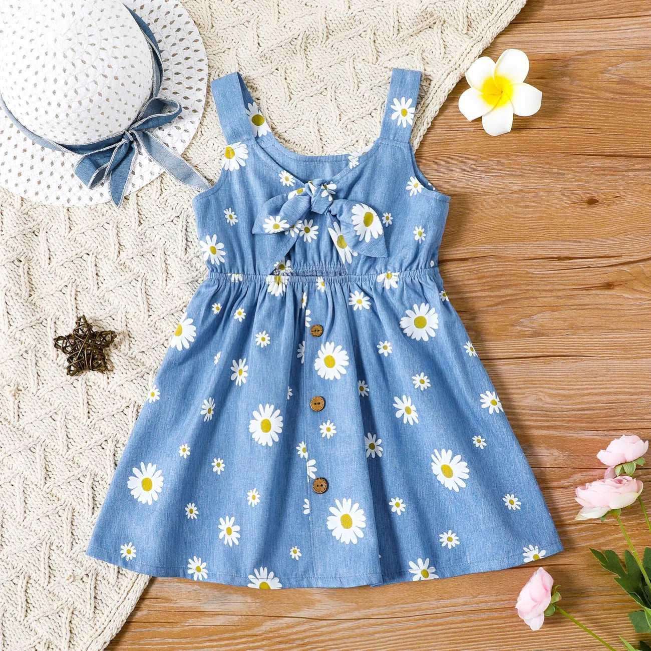 Floral Bowknot Denim Strap Dress - Toddler Girls - Novo Kids