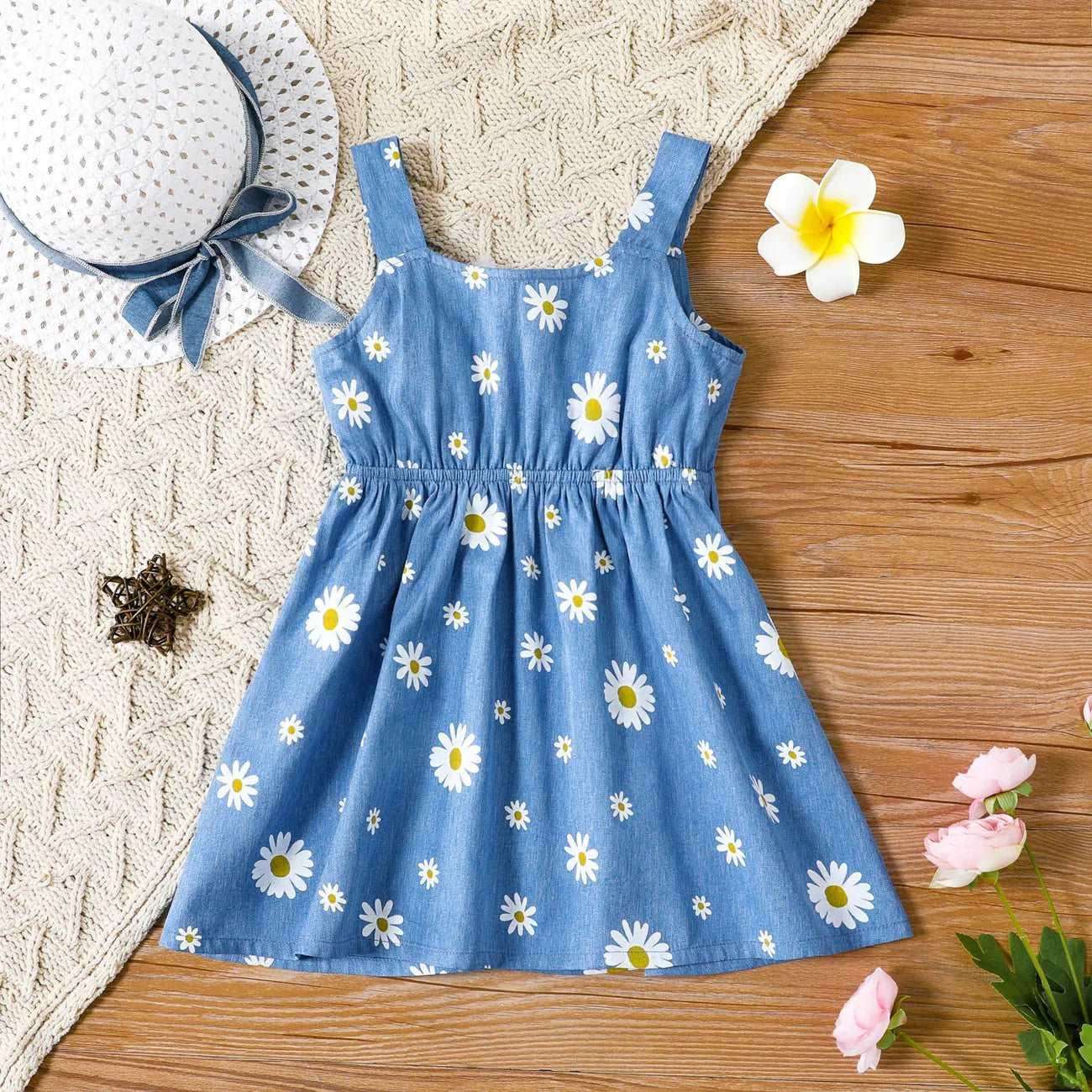 Floral Bowknot Denim Strap Dress - Toddler Girls - Novo Kids