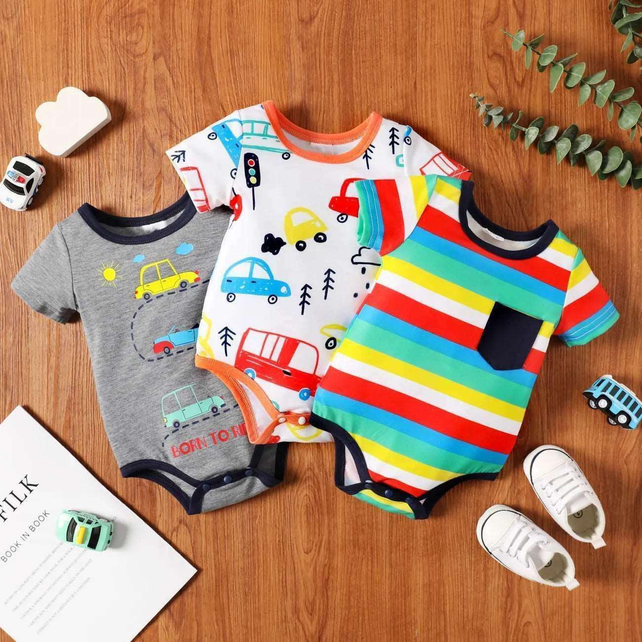 Cartoon Vehicle Print Short-sleeve Romper - Baby Boys - Novo Kids