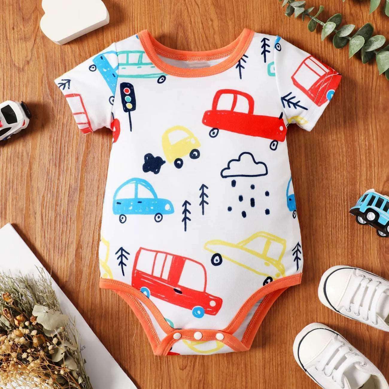 Cartoon Vehicle Print Short-sleeve Romper - Baby Boys - Novo Kids