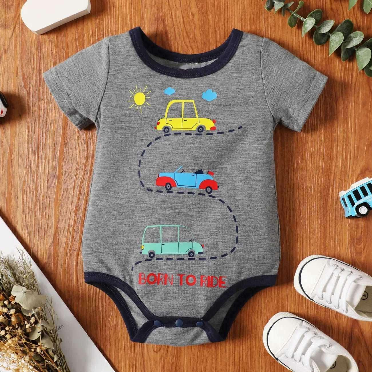 Cartoon Vehicle Print Short-sleeve Romper - Baby Boys - Novo Kids