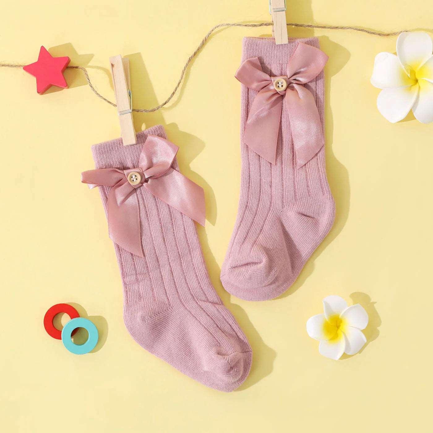 Pure Color Button Bow Decor Tube Socks - Baby Toddler - Novo Kids