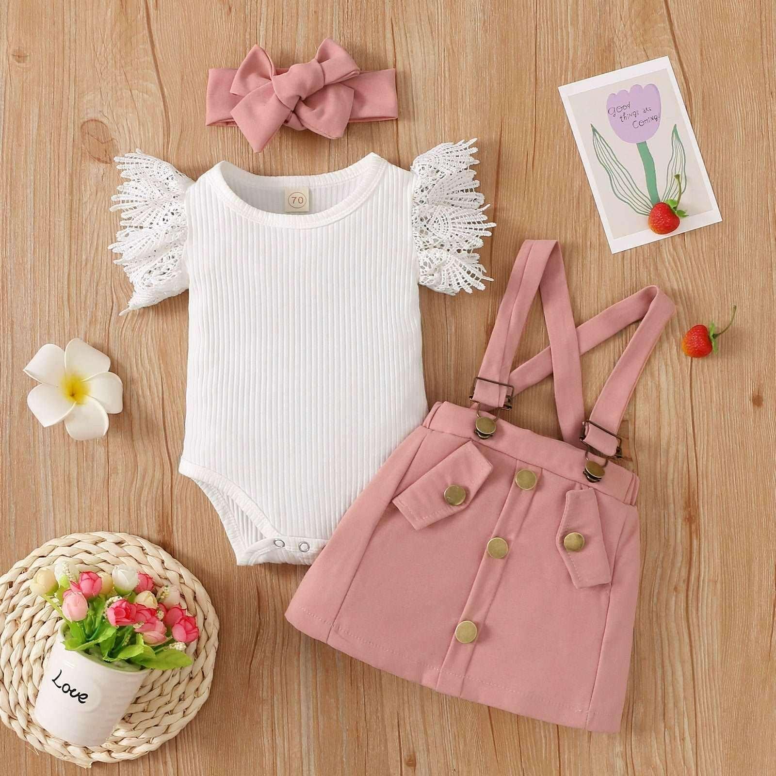 Lace Romper & Suspender Skirt Set with Headband - Baby Girl (3Pcs) - Novo Kids