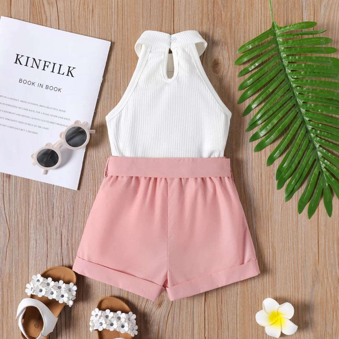 Ribbed Halter Tank Top and Belted Shorts Set - Toddler Girl (2Pcs) - Novo Kids
