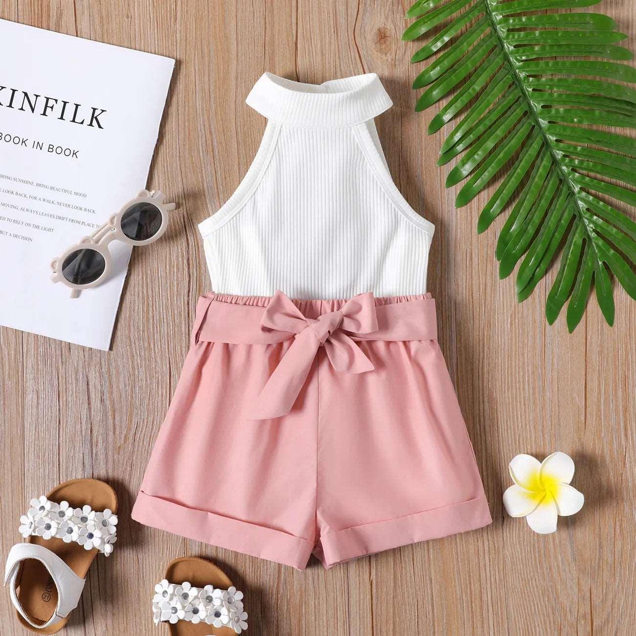 Ribbed Halter Tank Top and Belted Shorts Set - Toddler Girl (2Pcs) - Novo Kids