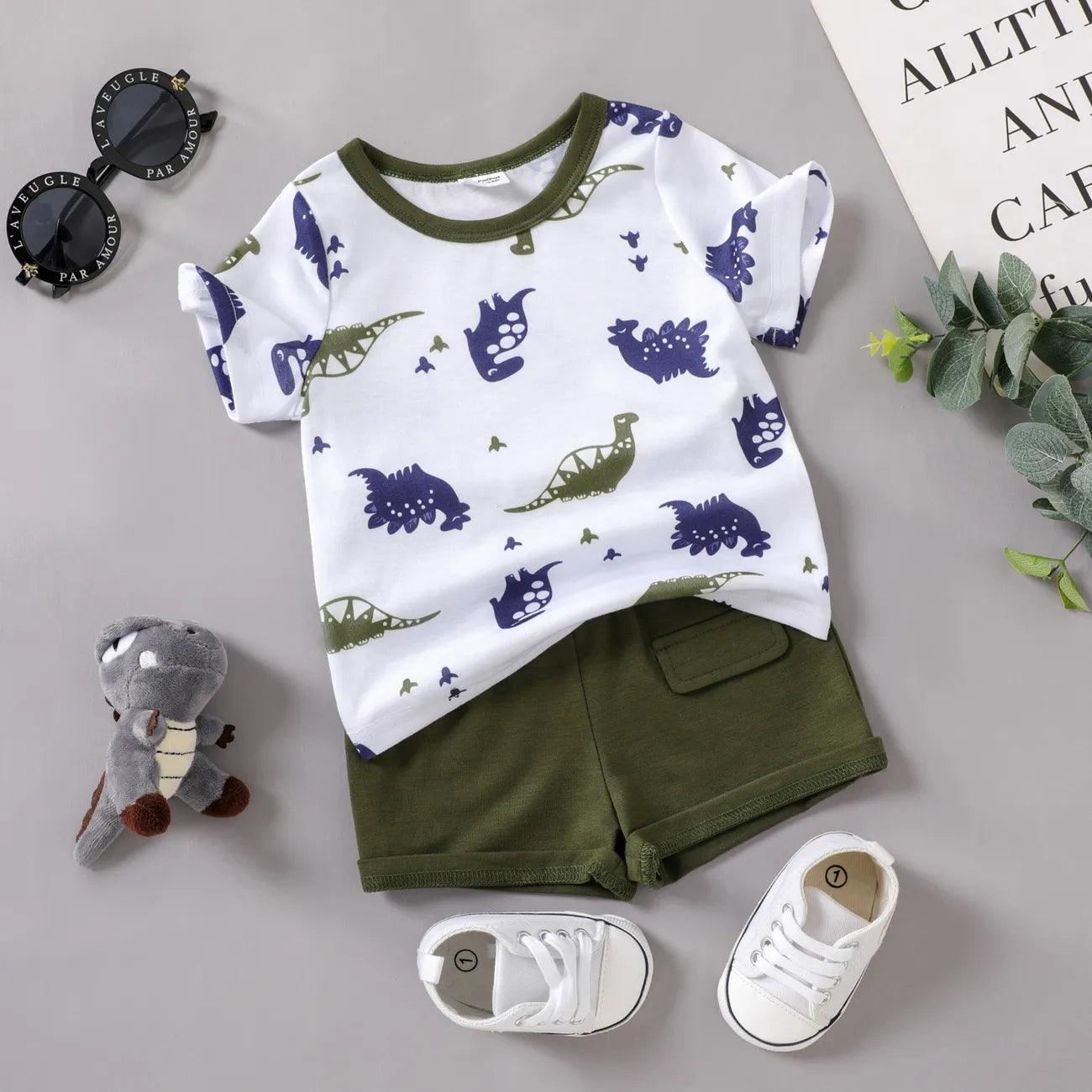 Dinosaur Print Short-sleeve Tee & Solid Shorts Set- Infant Boy (2pcs) - Novo Kids