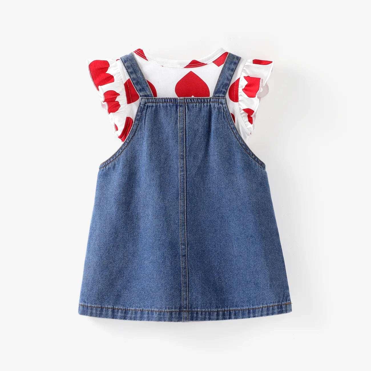 Heart Print Tee & Rabbit Embroidery Denim Overall Dress Set - Baby Girl (2Pcs) - Novo Kids