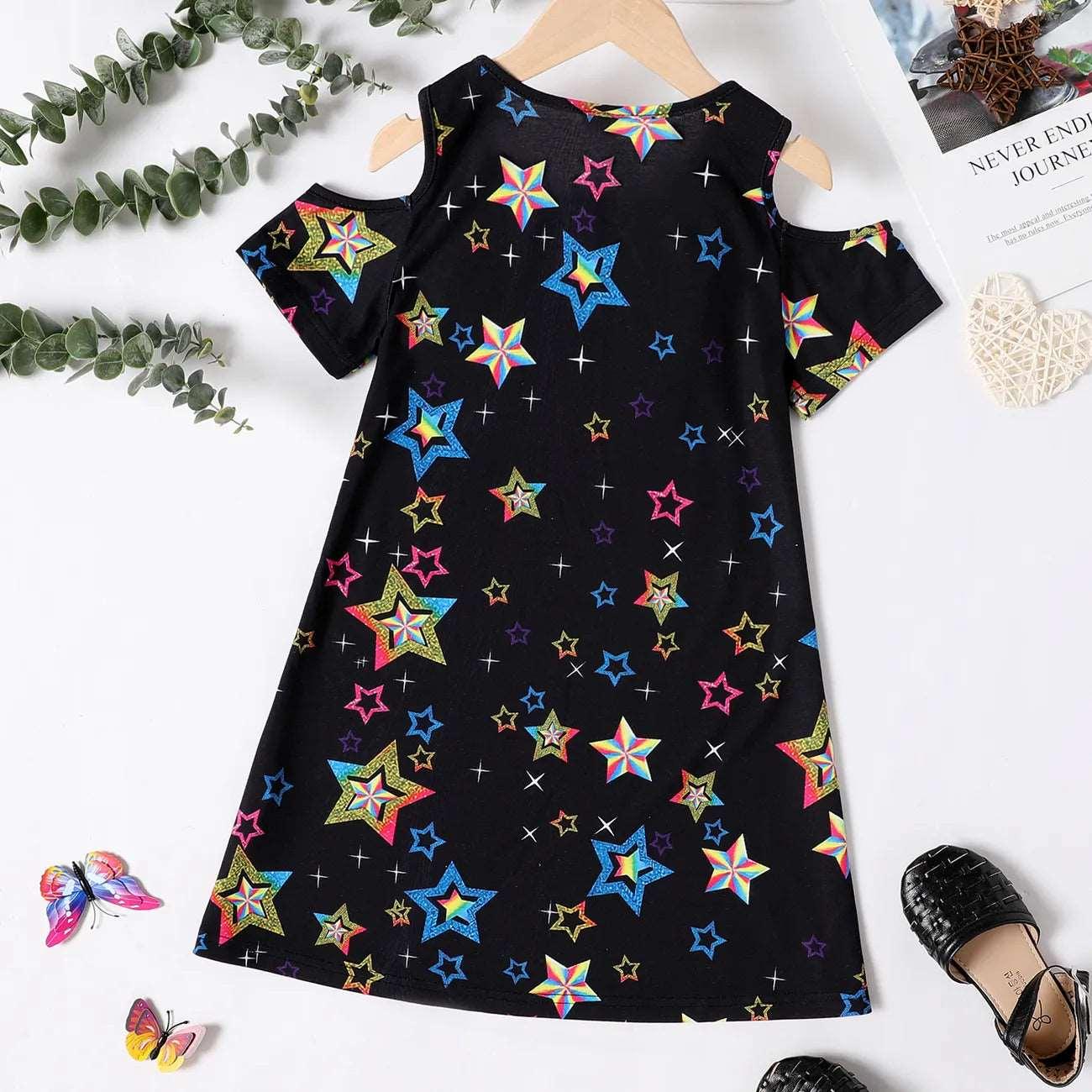 Unicorn Stars Print Cold Shoulder Dress - Kids Girl - Novo Kids